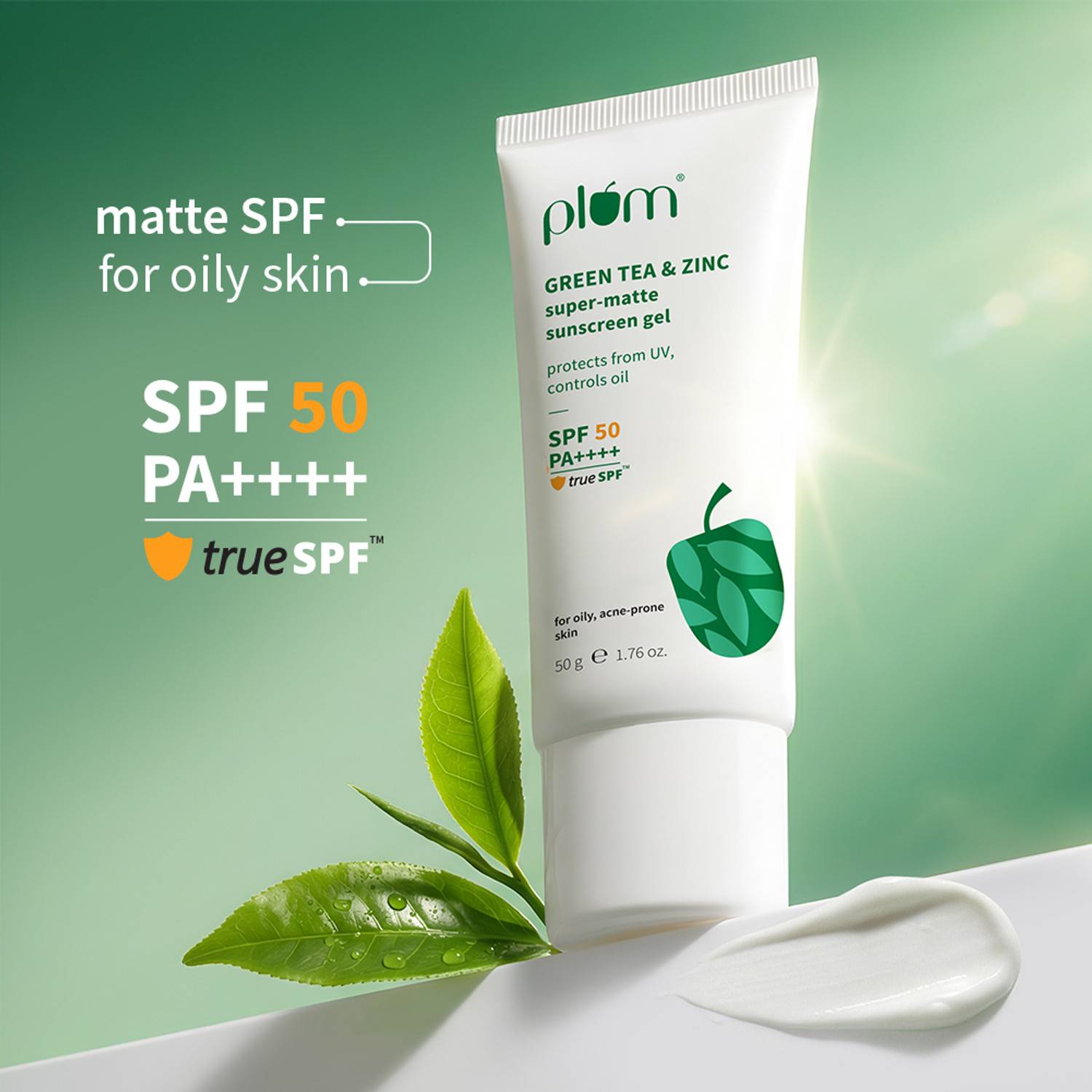 Plum SPF 50 PA++++ Green Tea & Zinc Sunscreen Gel 50g - Image 1