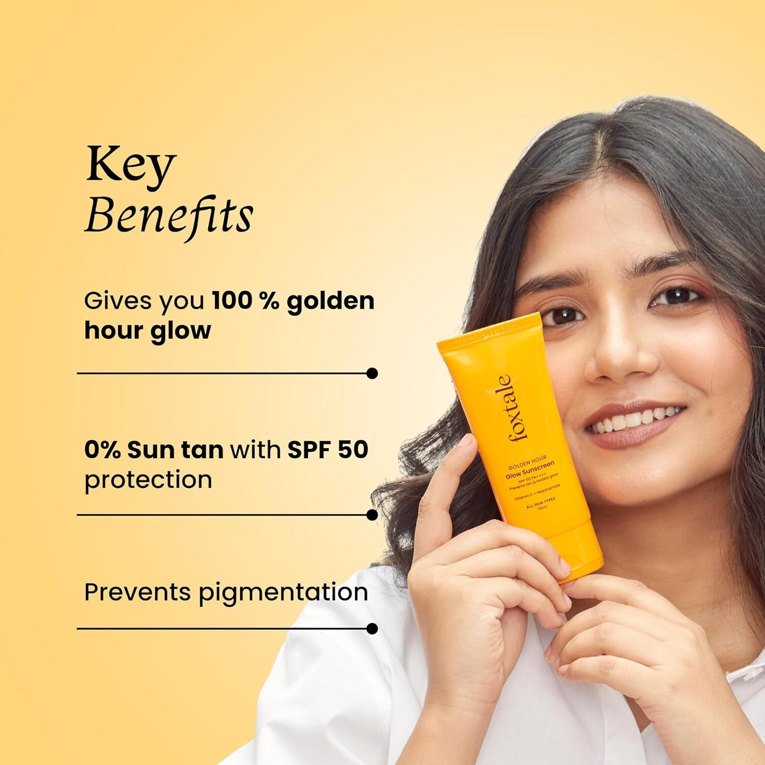 Image of Foxtale Sunscreen - SPF 50 PA++++ Gloden Hour SPF50 Glow Sunscreen PA++++ Vitamin C & Niacinamide for a Dewy Glow (50 ml)