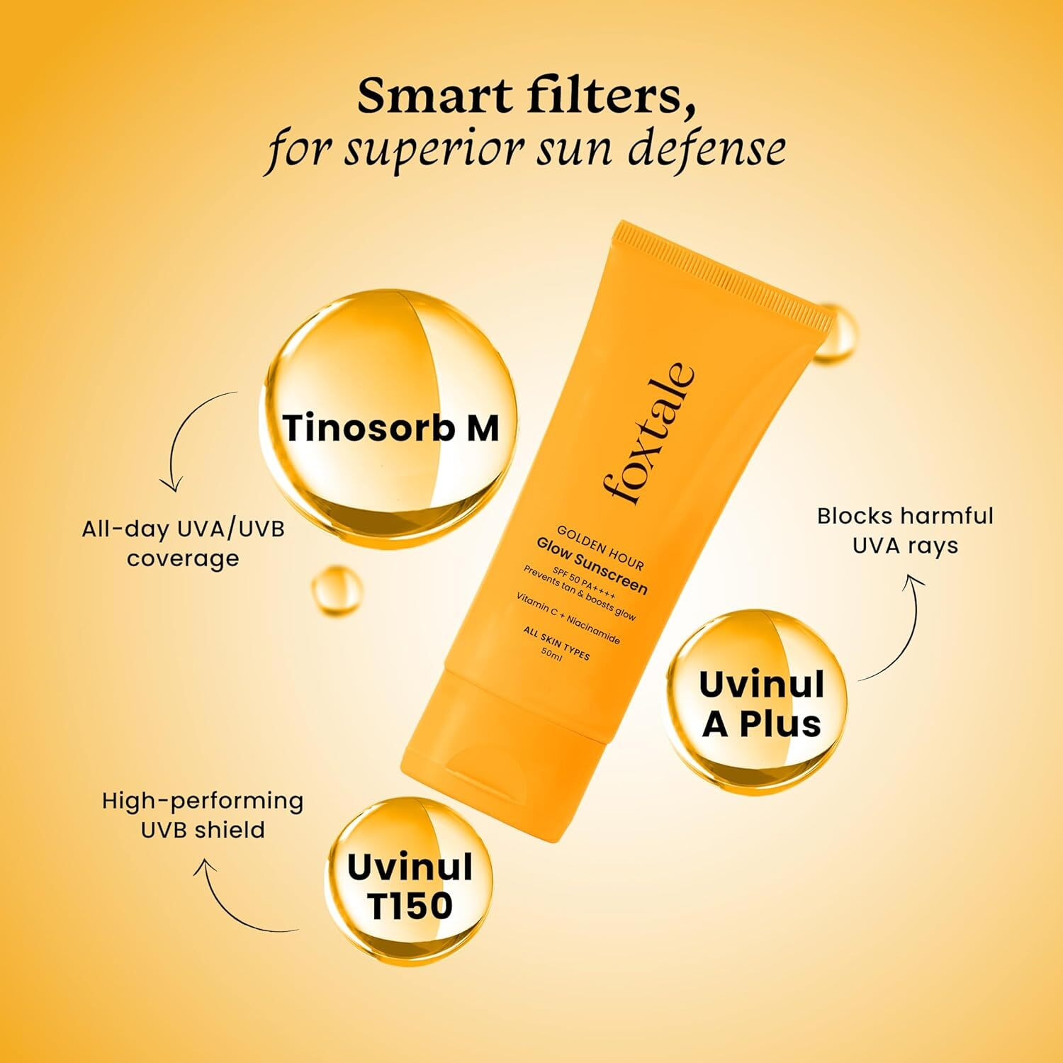 Image of Foxtale Sunscreen - SPF 50 PA++++ Gloden Hour SPF50 Glow Sunscreen PA++++ Vitamin C & Niacinamide for a Dewy Glow (50 ml)