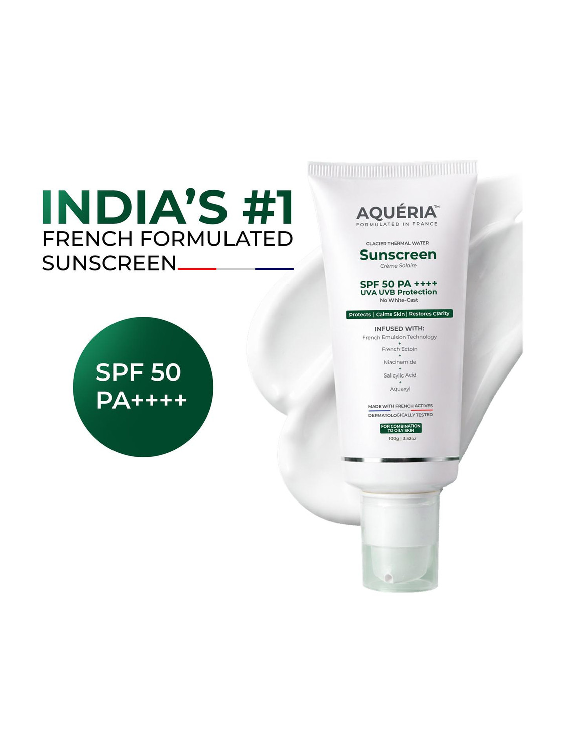 Image of Aqueria Sunscreen - SPF 50 PA++++ Oil Control Brightening French Multi-Active SPF | 2% Niacinamide, Salicylic Acid (50 g)