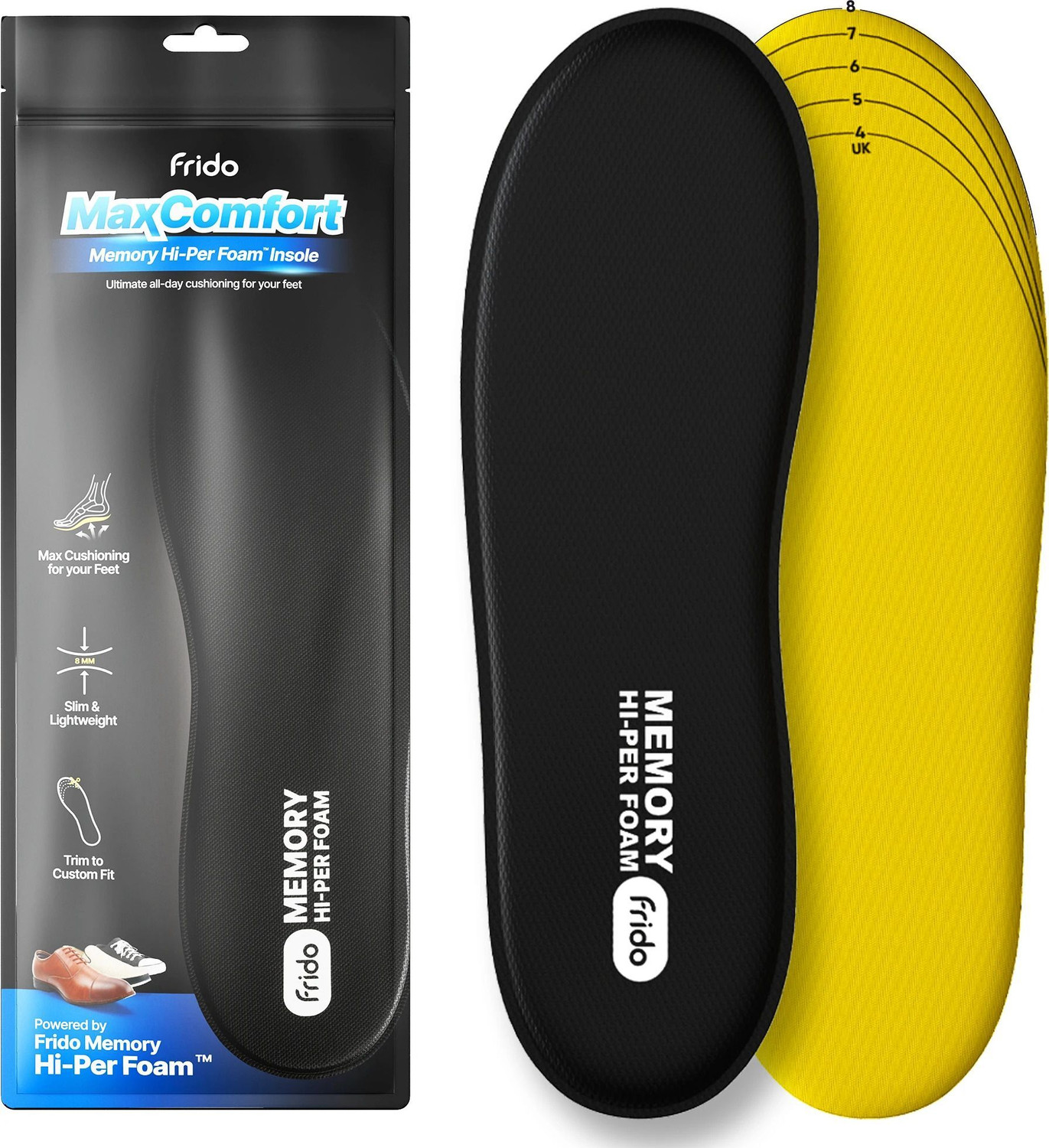 Image of Frido Max Comfort Memory Hi-Per Foam Trimmable Insole, Large (9-13 UK) Foot Support (Black)