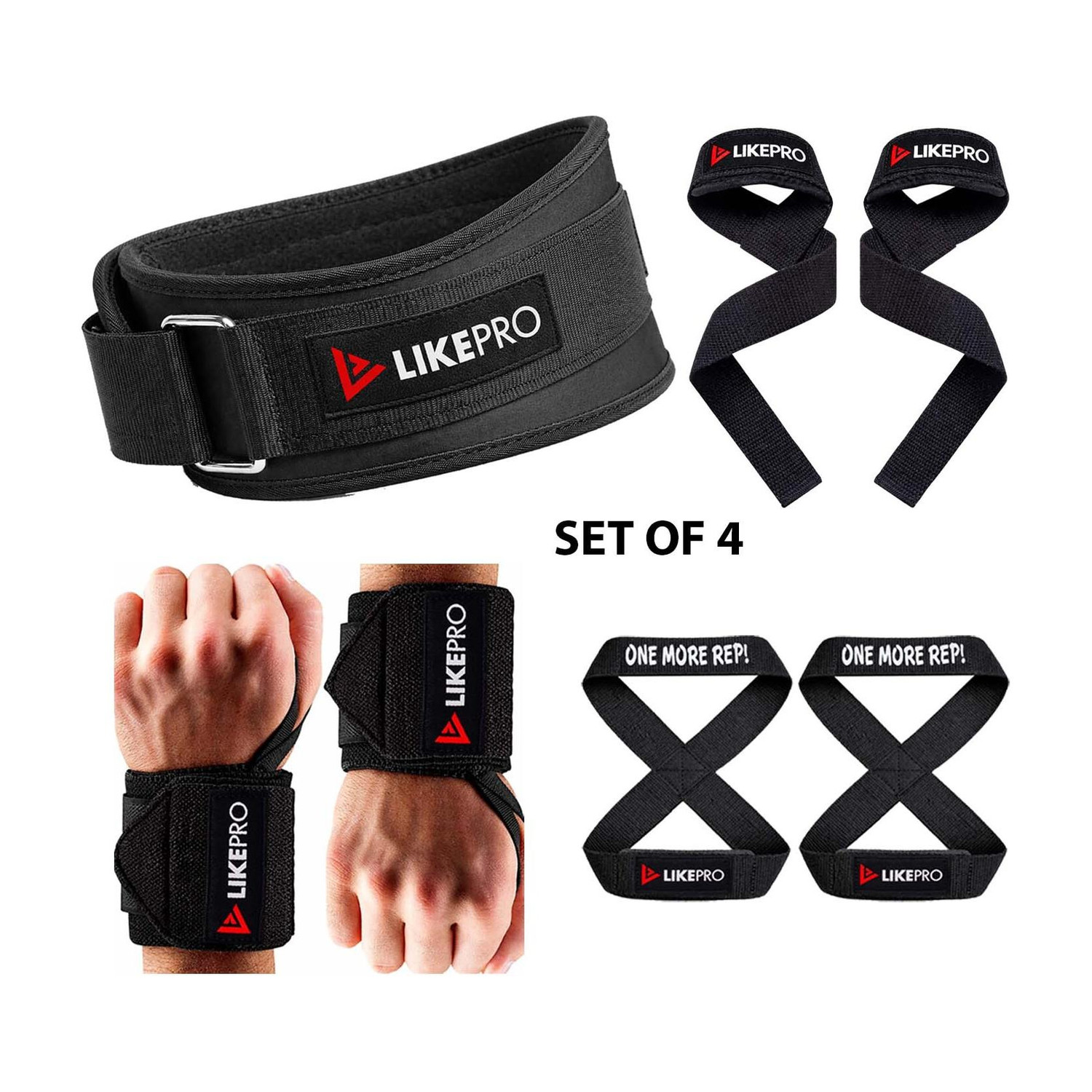 LIKEPRO Kit Set of 4 – Weightlifting Belt, Wrist Wraps, Lifting Straps & Figure 8 Straps Weight Lifting Belt