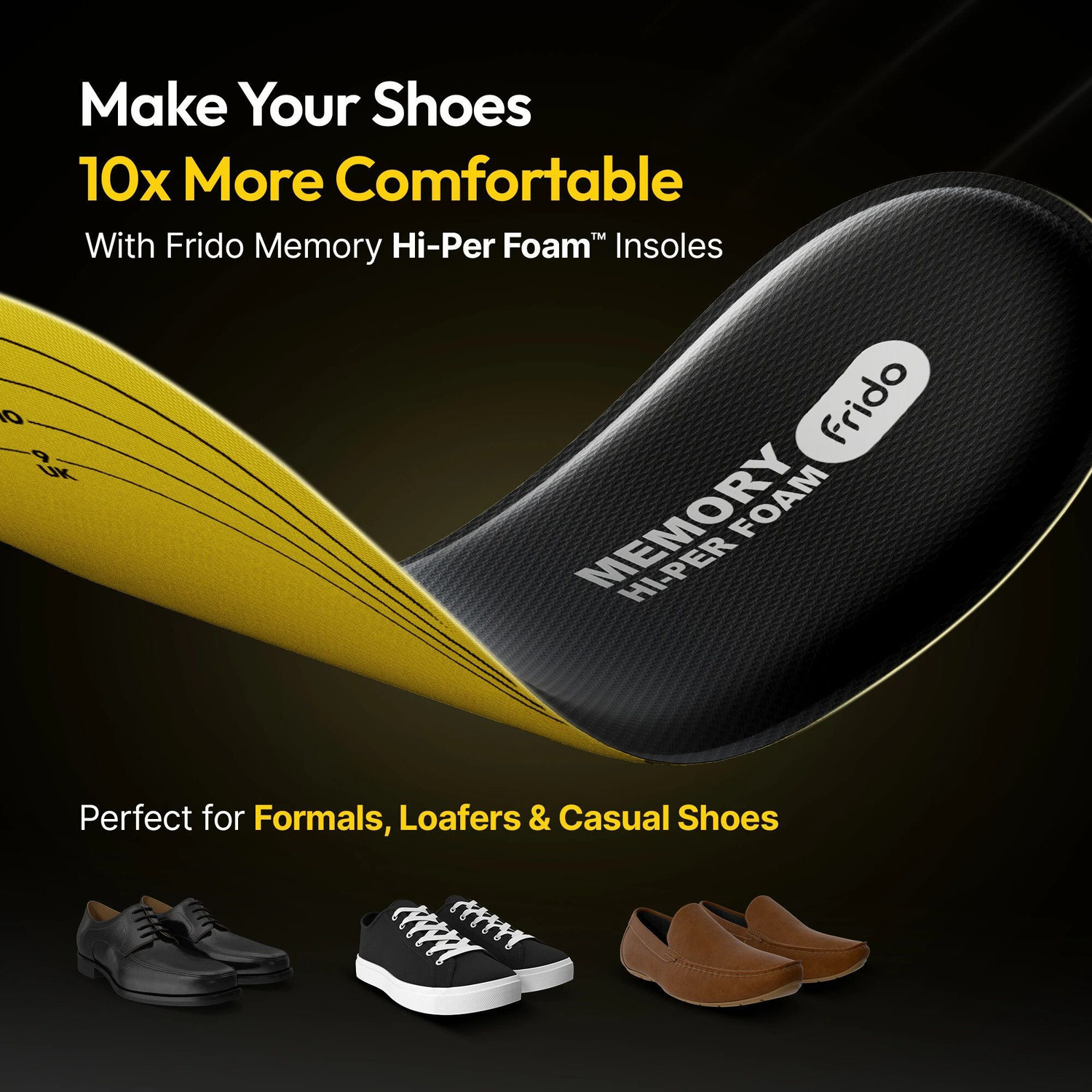 Image of Frido Max Comfort Memory Hi-Per Foam Trimmable Insole, Large (9-13 UK) Foot Support (Black)
