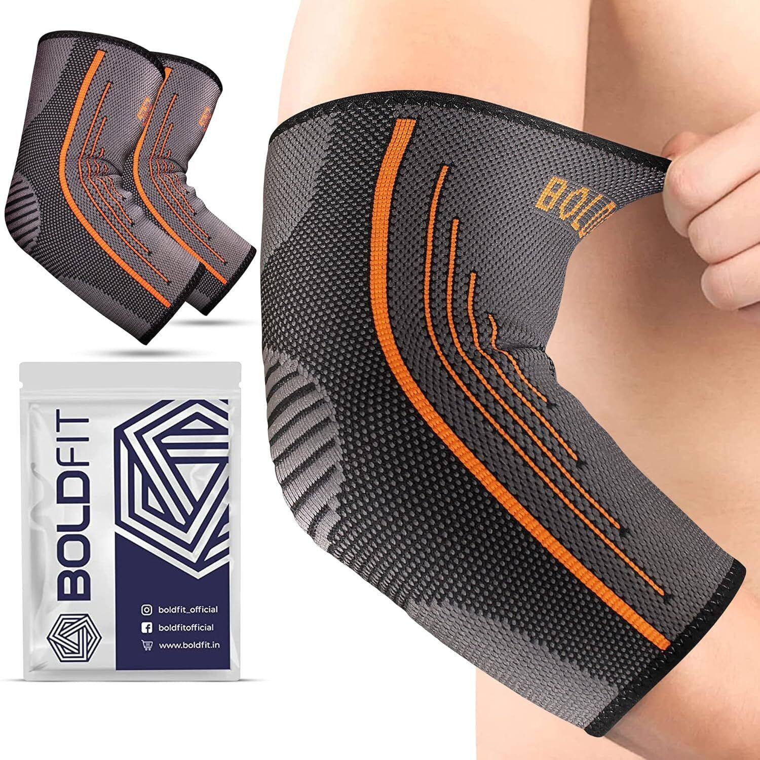 Image of BOLDFIT Elbow Support Sleeve Wrap Cap Brace Elbow Guard Band Pads Protector Belt Grip Elbow Support (Grey, Orange)
