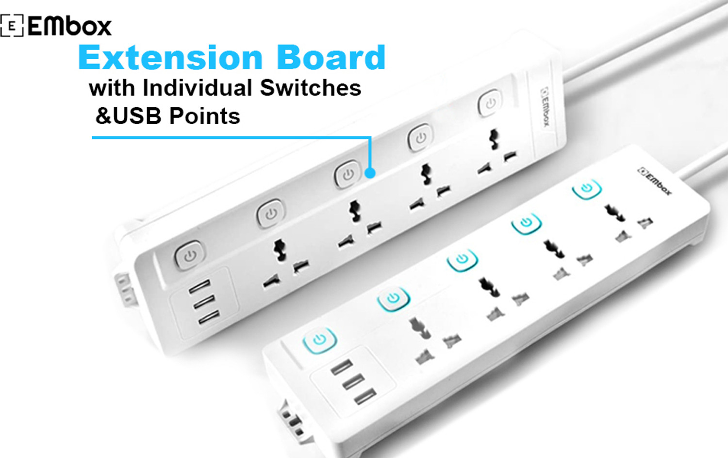 Image of EMBox 10A Extension Board With 5 Switch 4 Socket 3 USB 5 Meter Cable 4 Socket Extension Boards (White, 5 m, With USB Port)