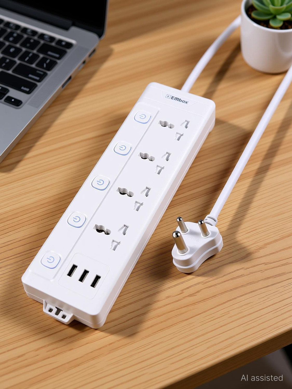 Image of EMBox 10A Extension Board With 5 Switch 4 Socket 3 USB 5 Meter Cable 4 Socket Extension Boards (White, 5 m, With USB Port)