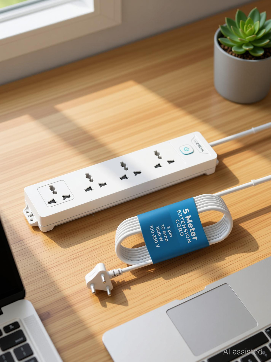 Image of EMBox Power Extension Cord 5 Meter Multi Plug 1500W 4 Socket Extension Boards (White, 5 m)