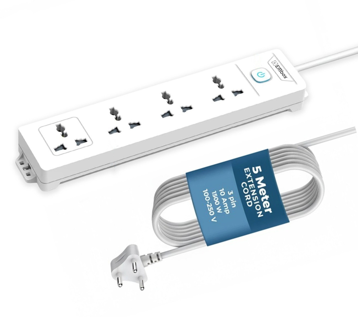 Image of EMBox Power Extension Cord 5 Meter Multi Plug 1500W 4 Socket Extension Boards (White, 5 m)