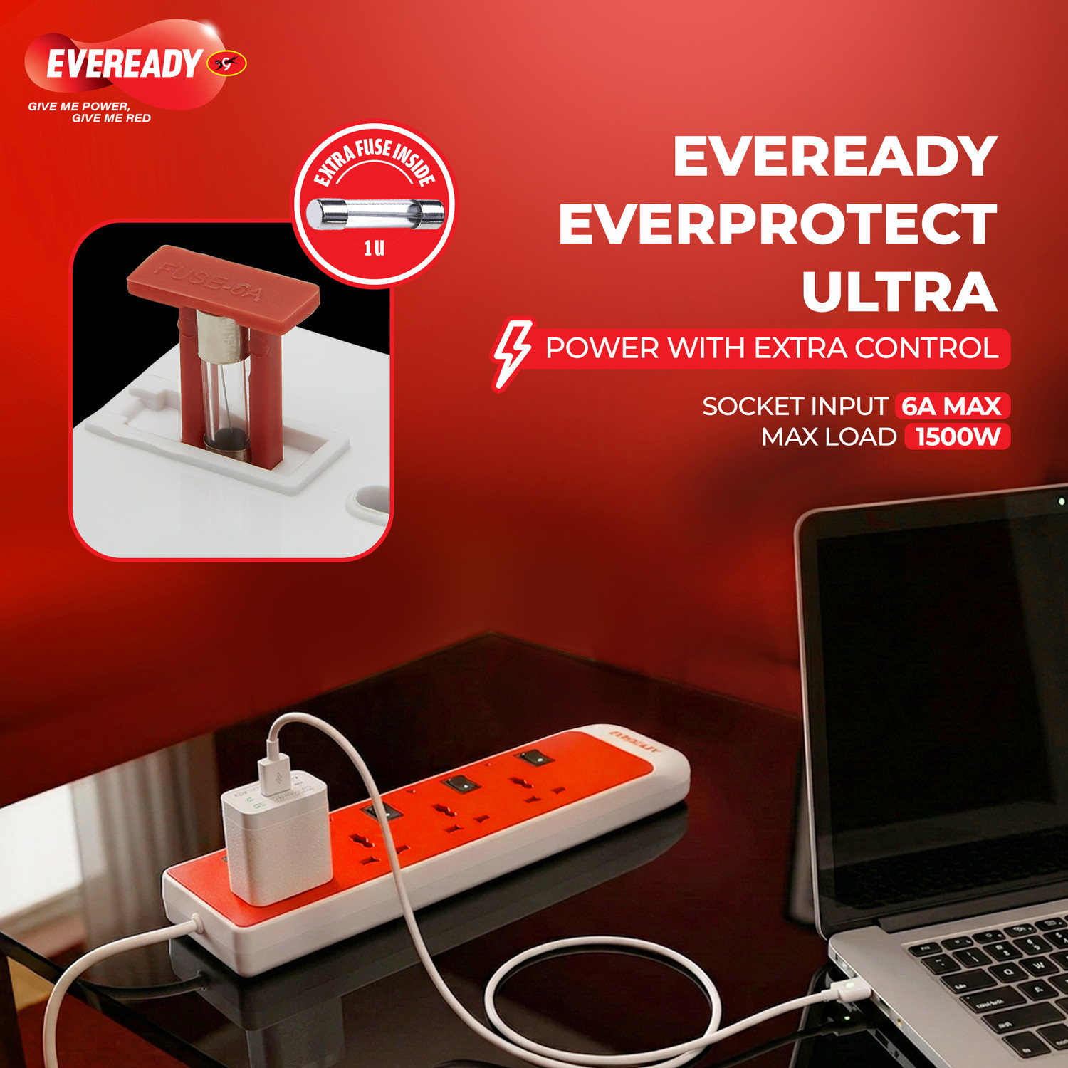 Image of EVEREADY Everprotect Ultra Spike Guard - X4 (4 meter) 4 Socket Extension Boards (Red, 4 m)
