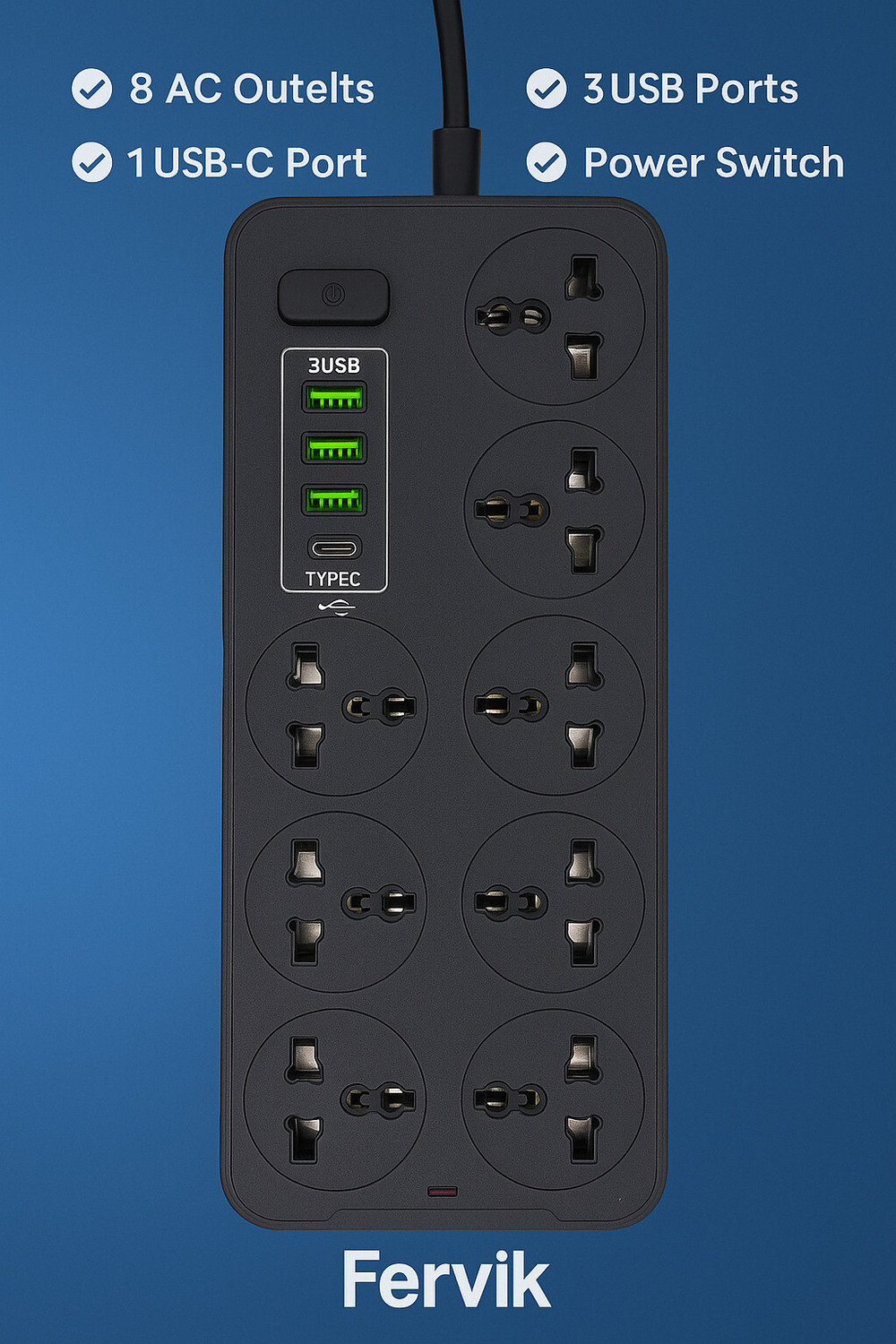 Image of EMBox Power Extension Cord Multi Plug 1500W With Type C USB 3 Socket Extension Boards (White, 2 m, With USB Port)