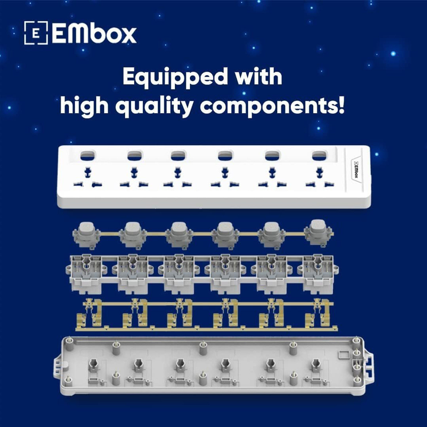 Image of EMBox Power Extension Cord Heavy Duty Spike Guard With Individual Switches 6 Socket Extension Boards (White, 3 m)
