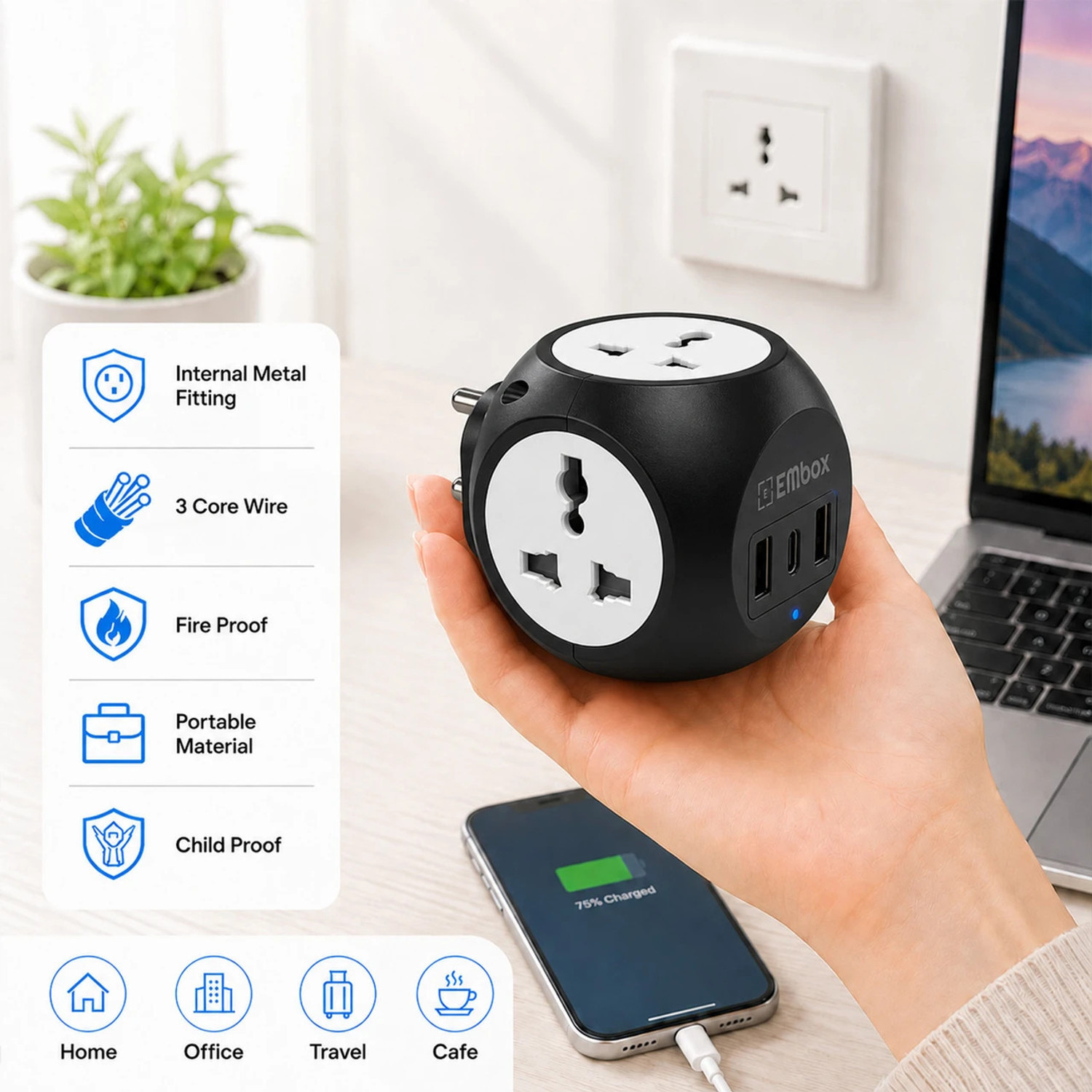 Image of EMBox Multi Plug Universal Socket 10 A with 1 Type C Port and 2 USB Ports (cordless) 4 Socket Extension Boards (Black, 0 m, With USB Port)