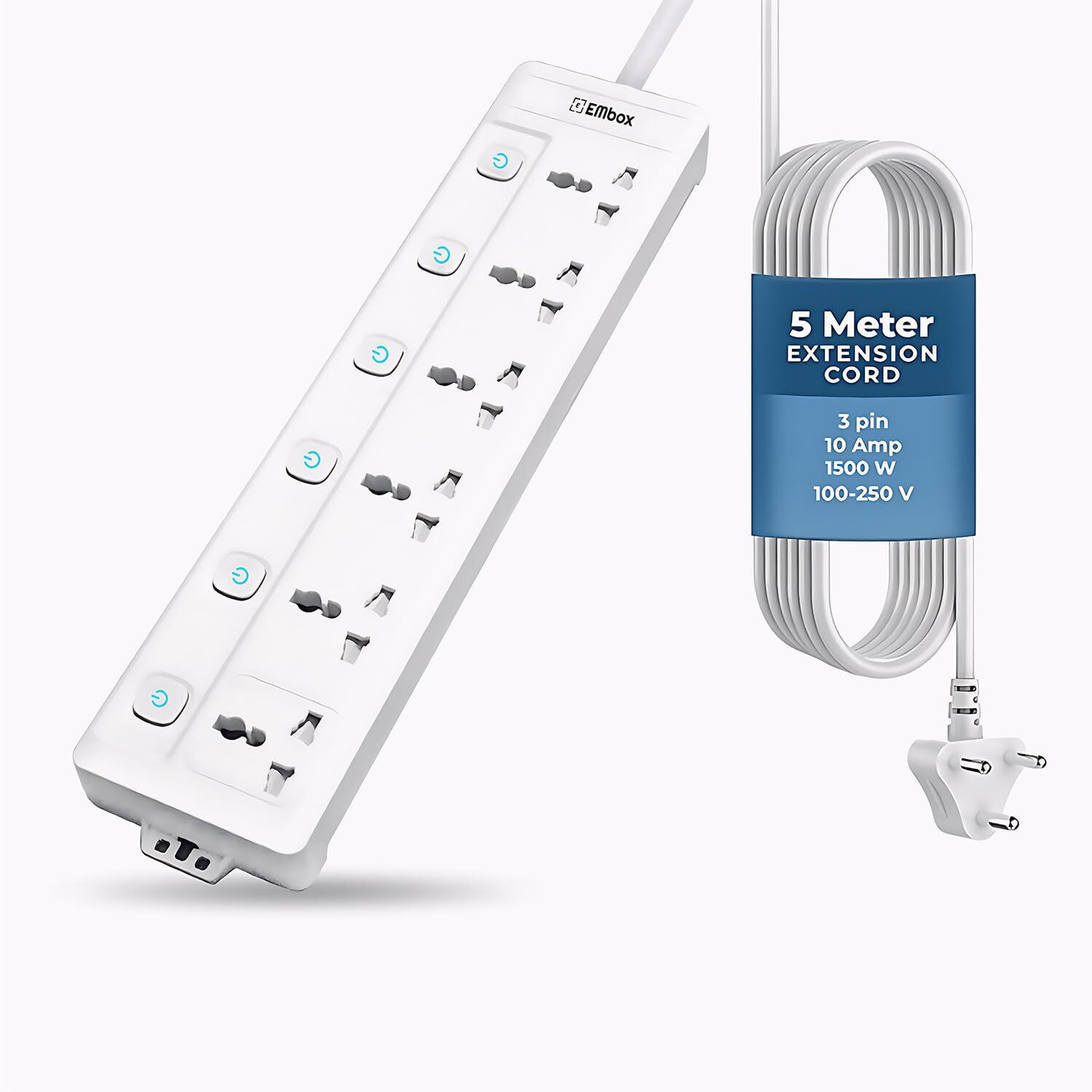 Image of EMBox Power Extension 5 Meter Cord Heavy Duty Spike Guard With Individual Switches 6 Socket Extension Boards (White, 5 m)