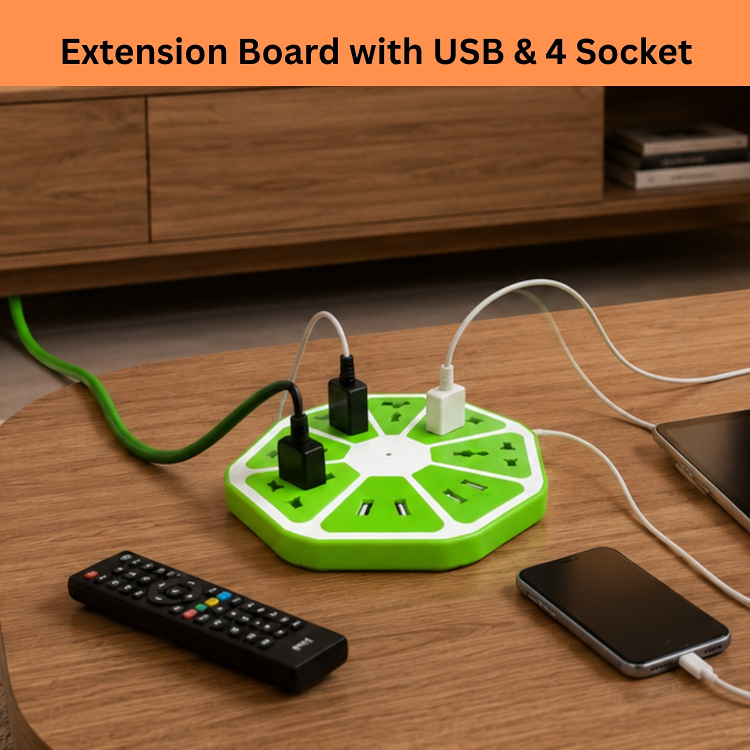 Image of SYARA Hexagon Extension Socket With 1 Meter Cable & 4 USB Ports and 4 SocketQT175 4 Socket Extension Boards (Multicolor, 3 m, With USB Port)