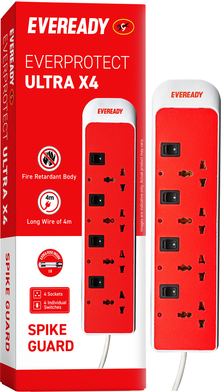 Image of EVEREADY Everprotect Ultra Spike Guard - X4 (4 meter) 4 Socket Extension Boards (Red, 4 m)