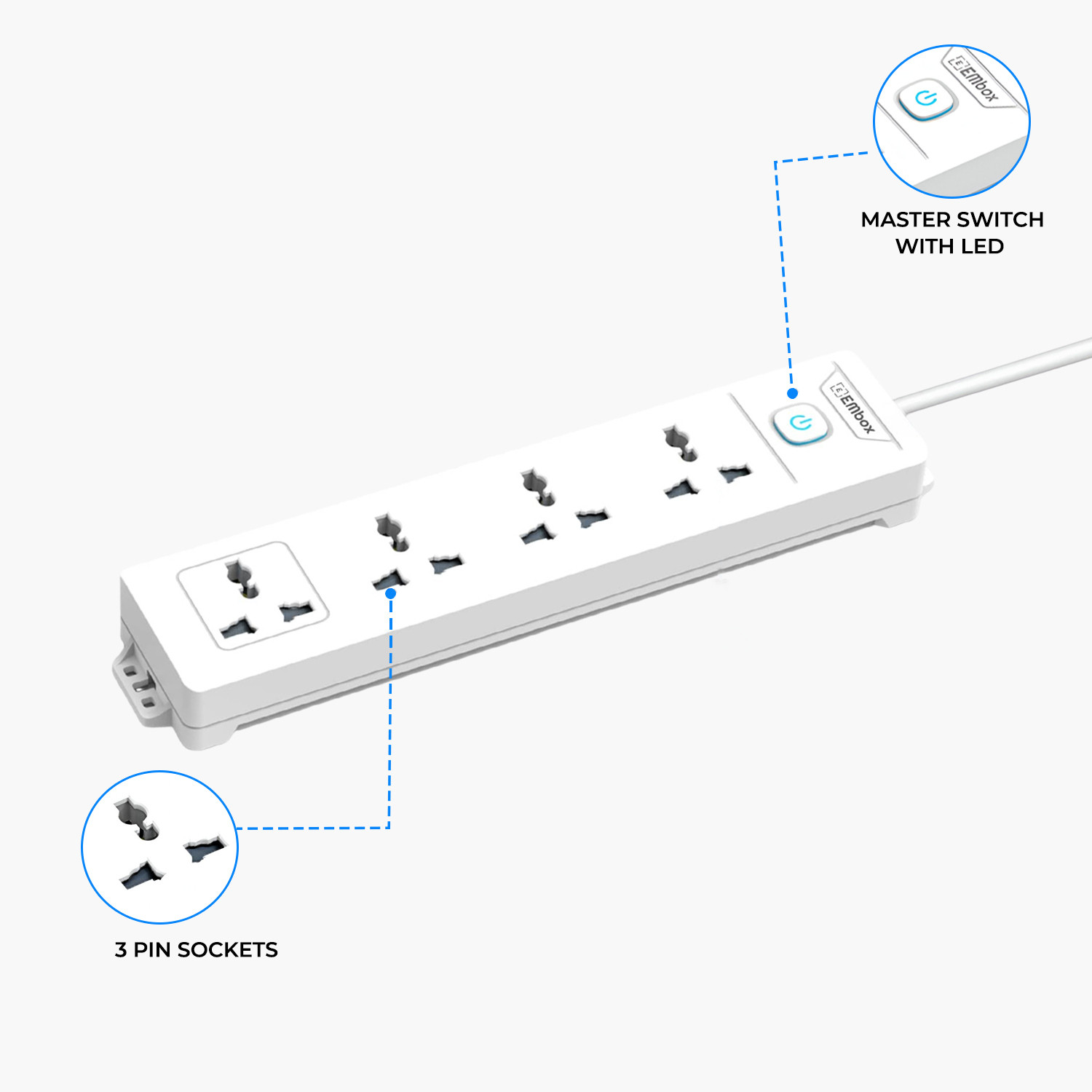 Image of EMBox Power Extension Cord 5 Meter Multi Plug 1500W 4 Socket Extension Boards (White, 5 m)