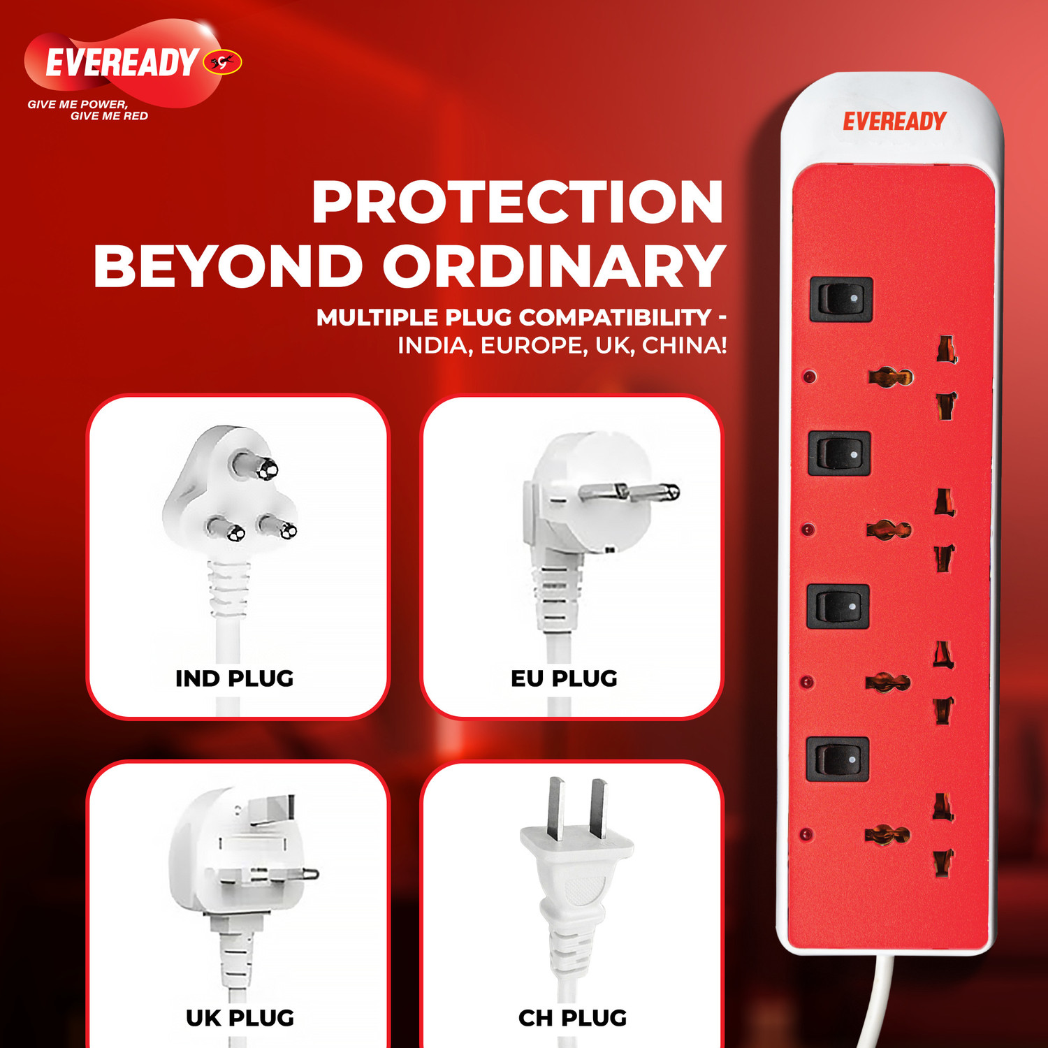 Image of EVEREADY Everprotect Ultra Spike Guard - X4 (4 meter) 4 Socket Extension Boards (Red, 4 m)