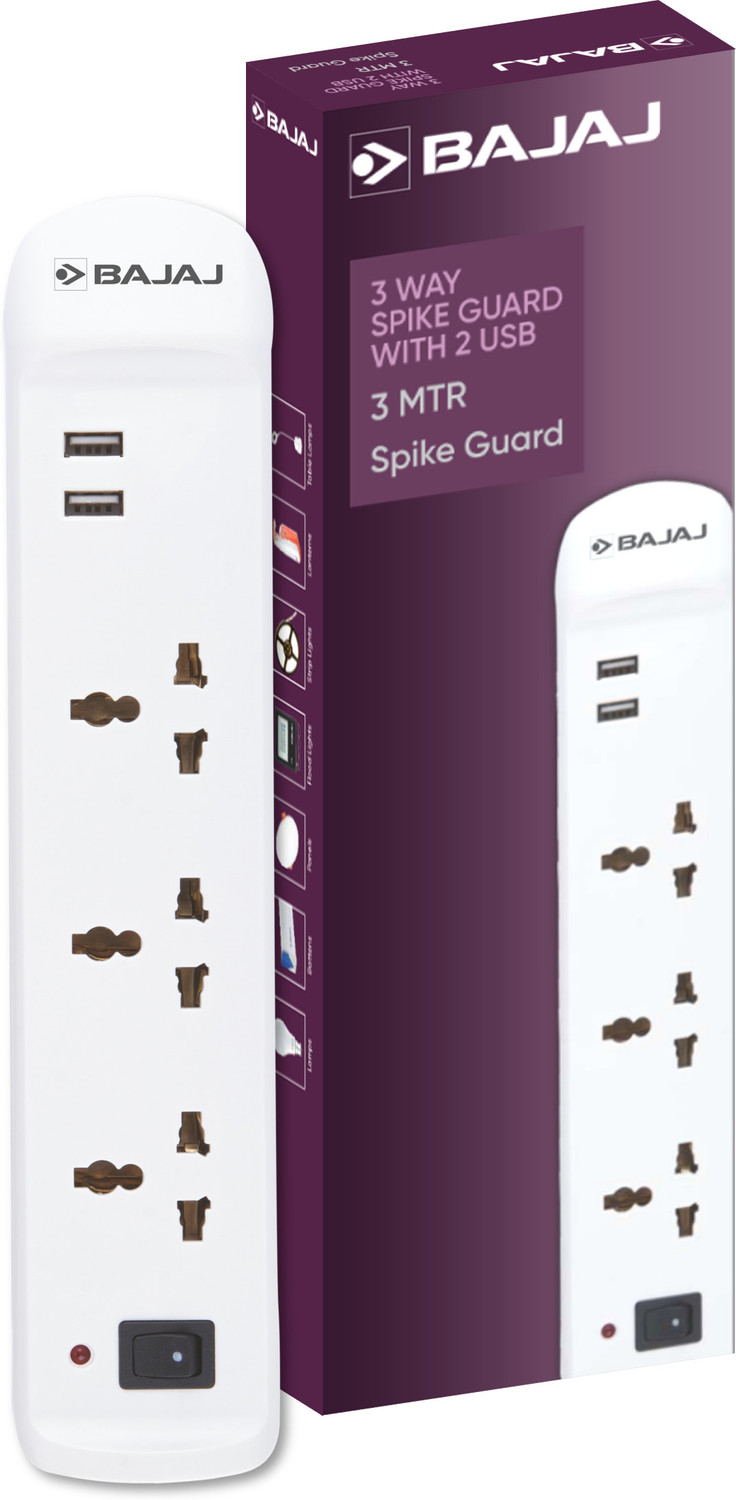 Image of EMBox Power Extension 5 Meter Cord Multi Plug 1500W Heavy Duty With Type C USB 3 Socket Extension Boards (White, 5 m, With USB Port)