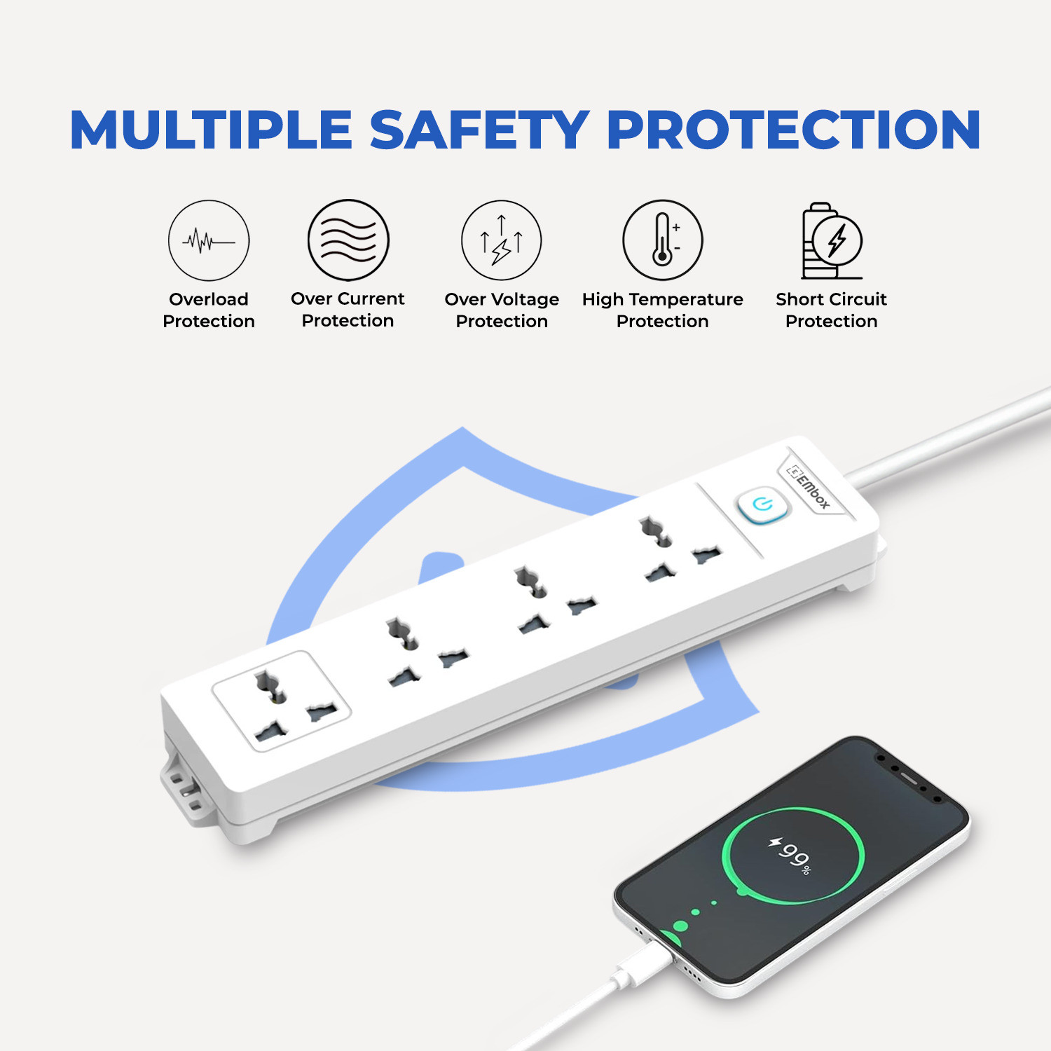 Image of EMBox Power Extension Cord 5 Meter Multi Plug 1500W 4 Socket Extension Boards (White, 5 m)