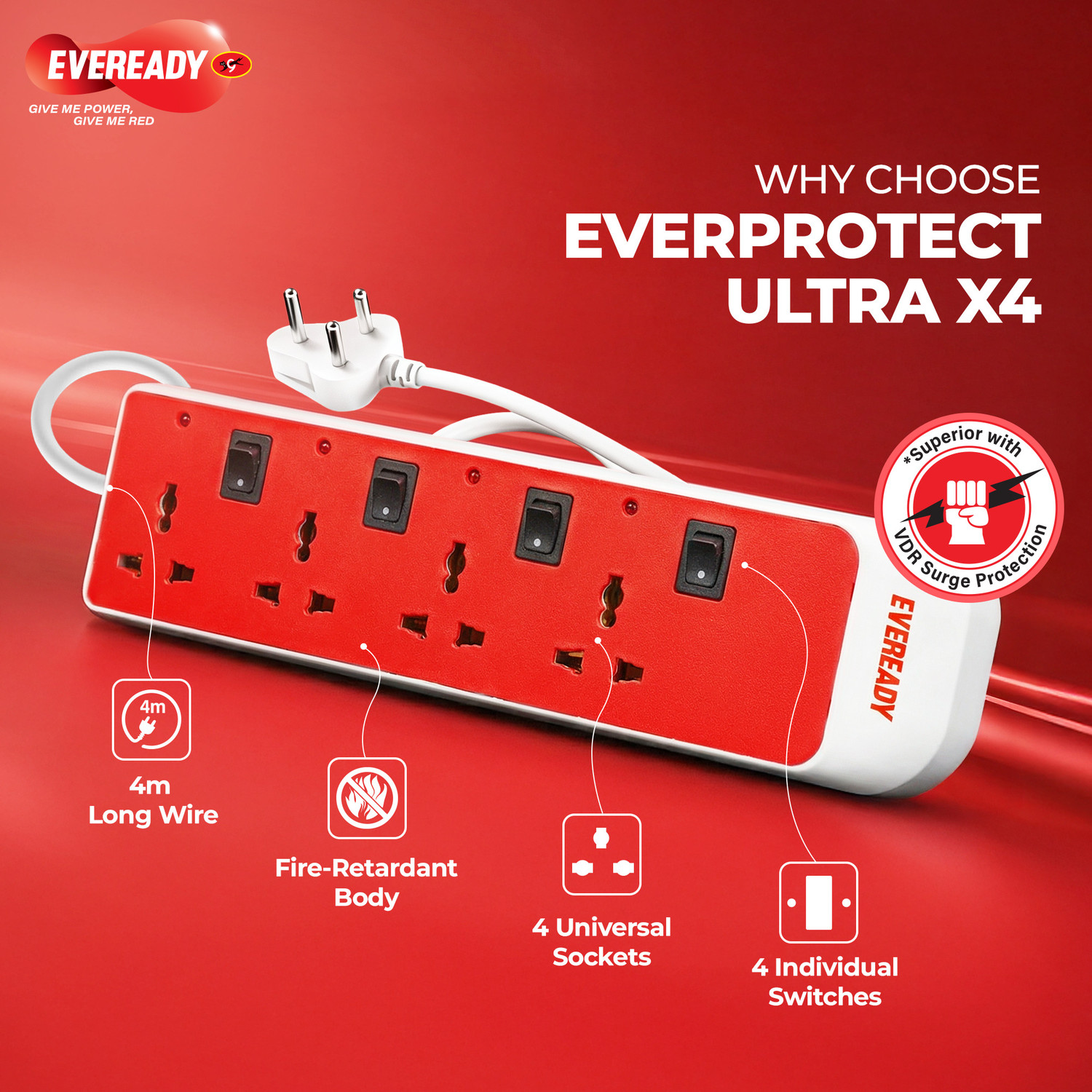 Image of EVEREADY Everprotect Ultra Spike Guard - X4 (4 meter) 4 Socket Extension Boards (Red, 4 m)