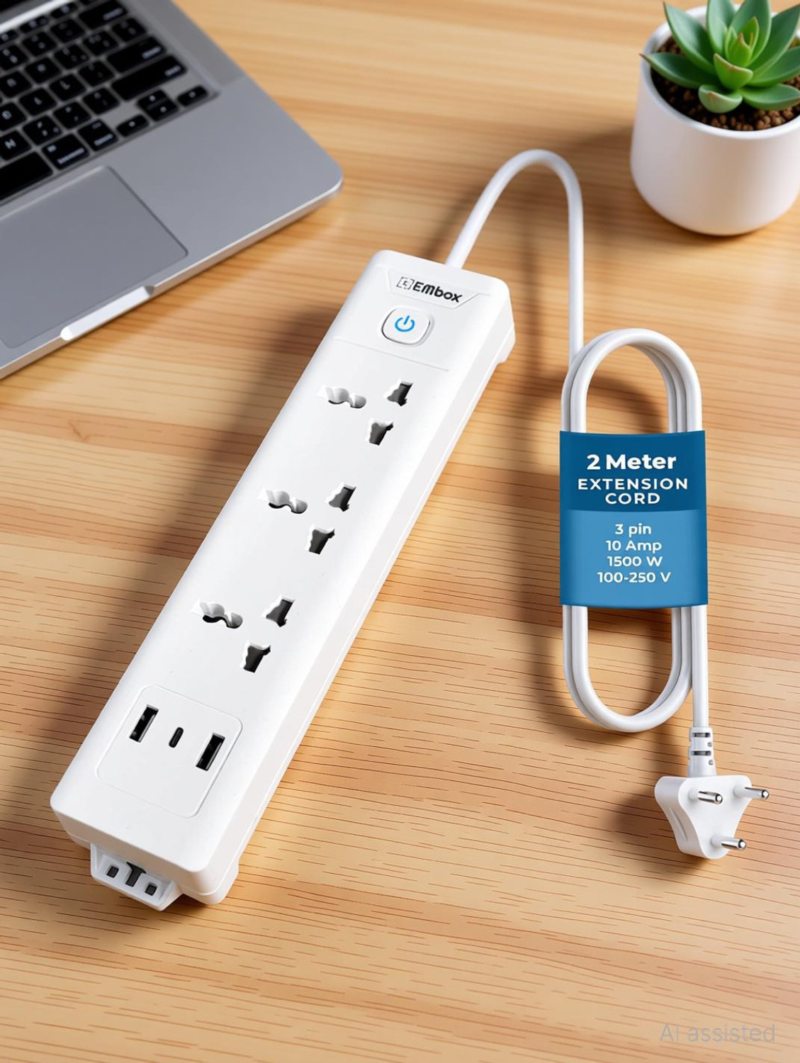 Image of EMBox Power Extension Cord Multi Plug 1500W With Type C USB 3 Socket Extension Boards (White, 2 m, With USB Port)