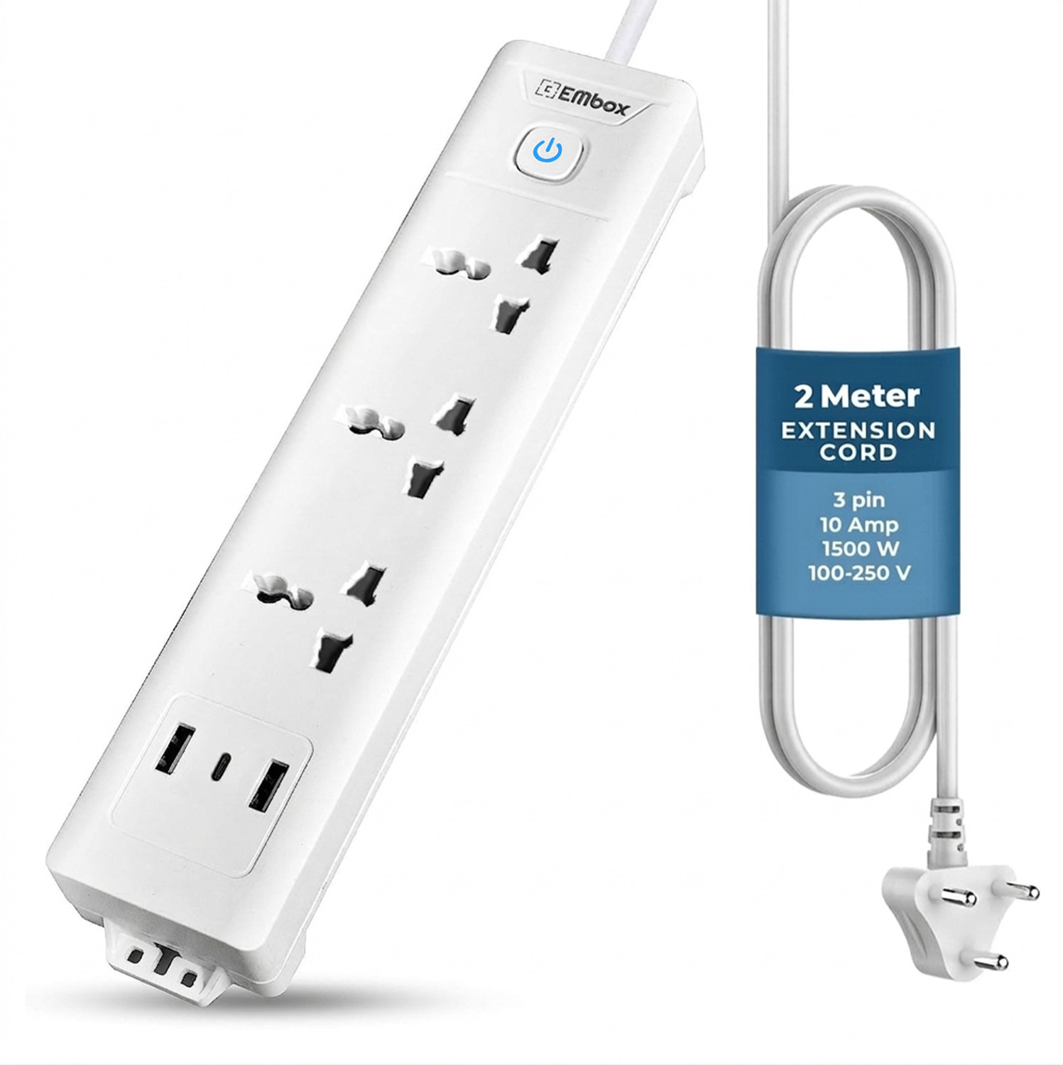 Image of EMBox Power Extension Cord Multi Plug 1500W With Type C USB 3 Socket Extension Boards (White, 2 m, With USB Port)