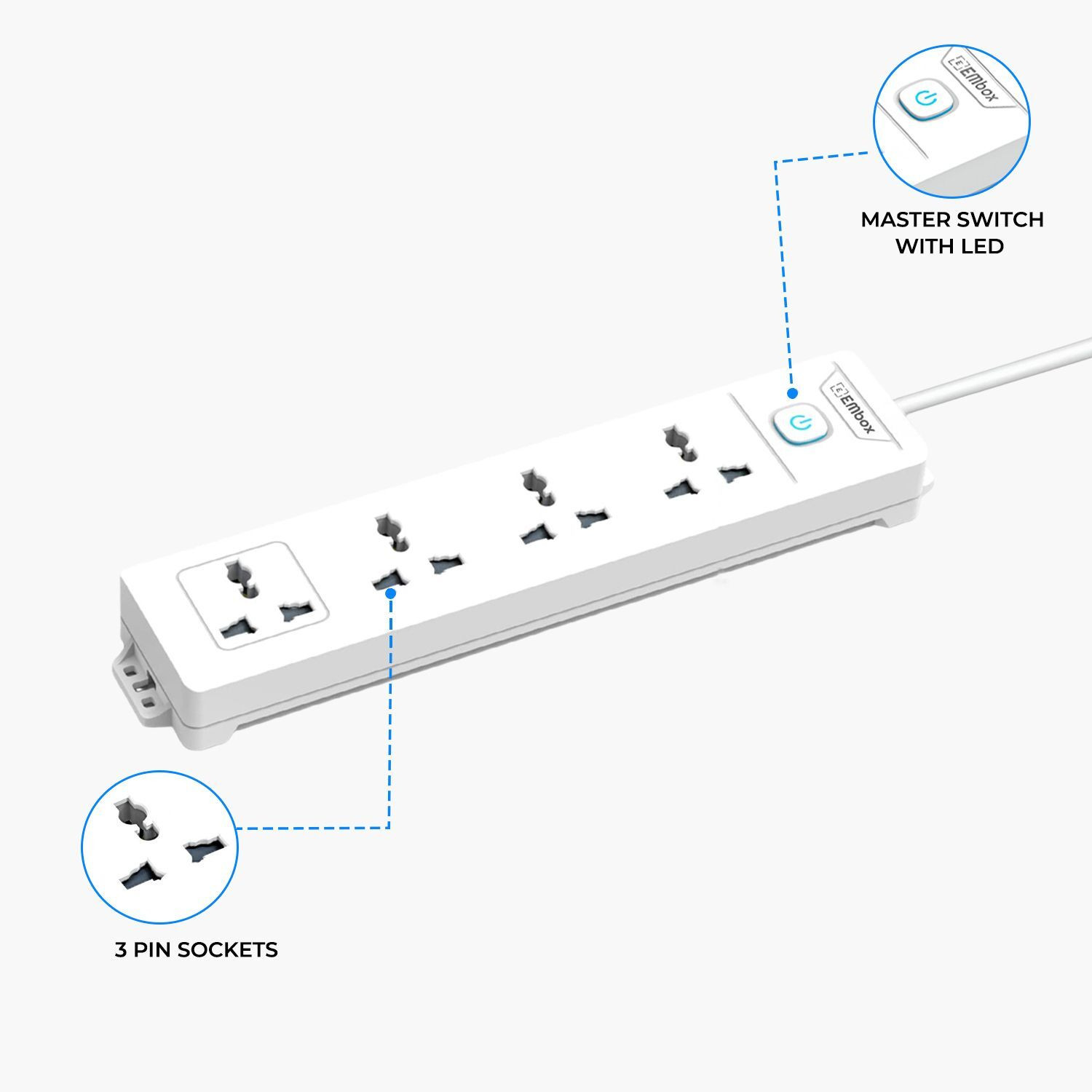 Image of EMBox Power Extension Cord 5 Meter Multi Plug 1500W Extension Switch Board 4 Socket Extension Boards (White, 5 m)