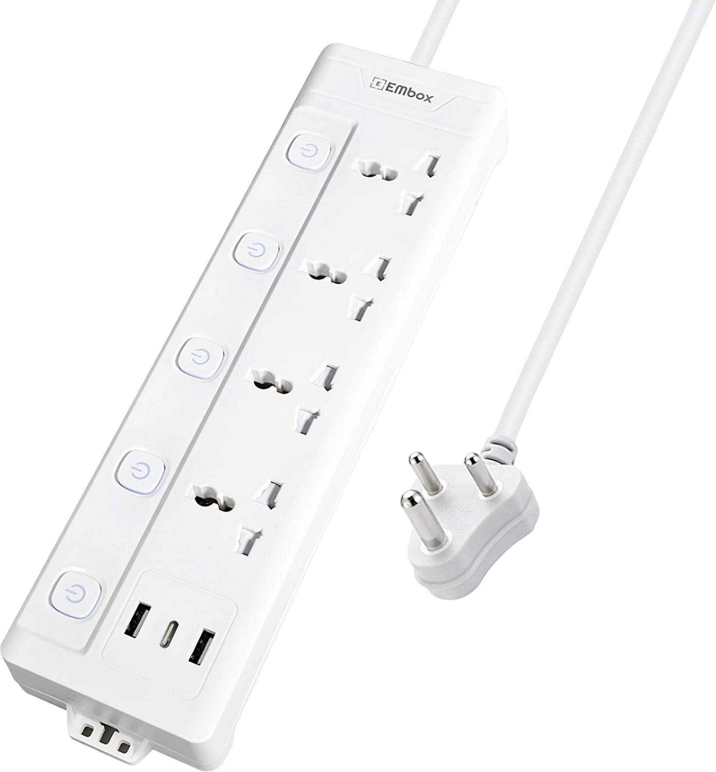 Image of EMBox Power Extension 5 Meter Cord Multi Plug 1500W Heavy Duty With Type C USB 3 Socket Extension Boards (White, 5 m, With USB Port)