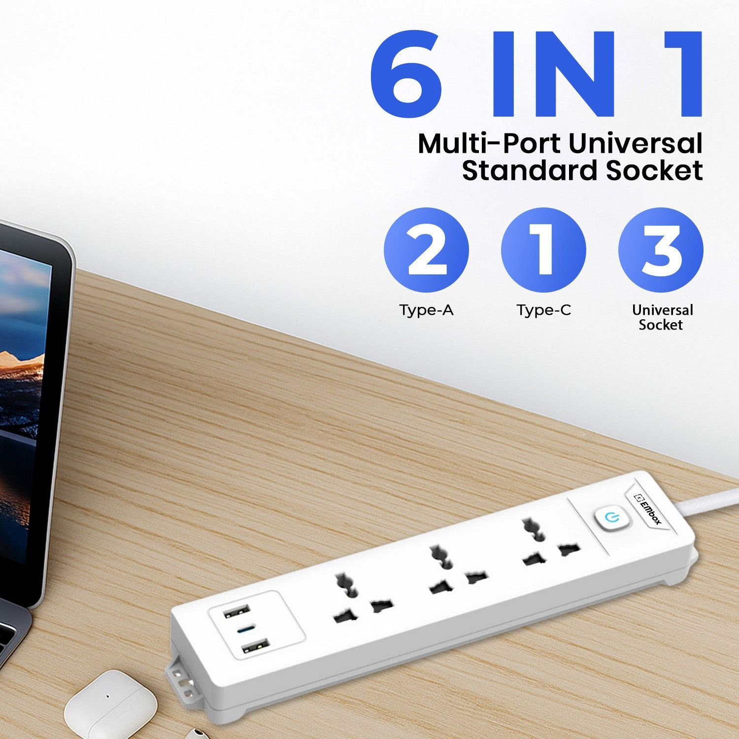 Image of EMBox Power Extension 5 Meter Cord Multi Plug 1500W Heavy Duty With Type C USB 3 Socket Extension Boards (White, 5 m, With USB Port)