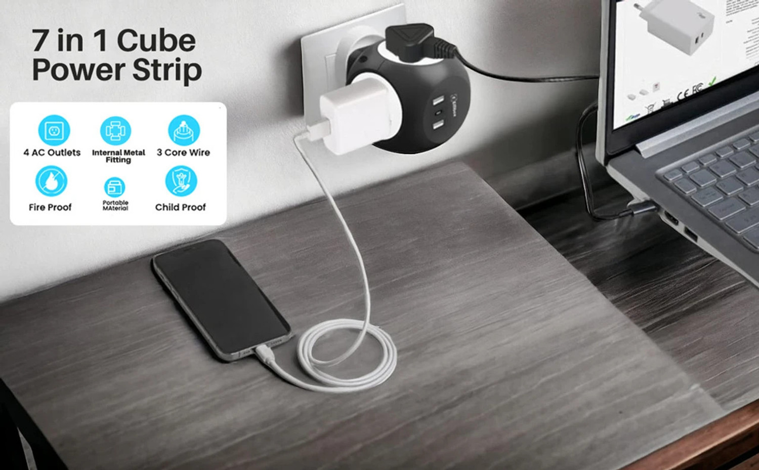 Image of EMBox Multi Plug Universal Socket 10 A with 1 Type C Port and 2 USB Ports (cordless) 4 Socket Extension Boards (Black, 0 m, With USB Port)
