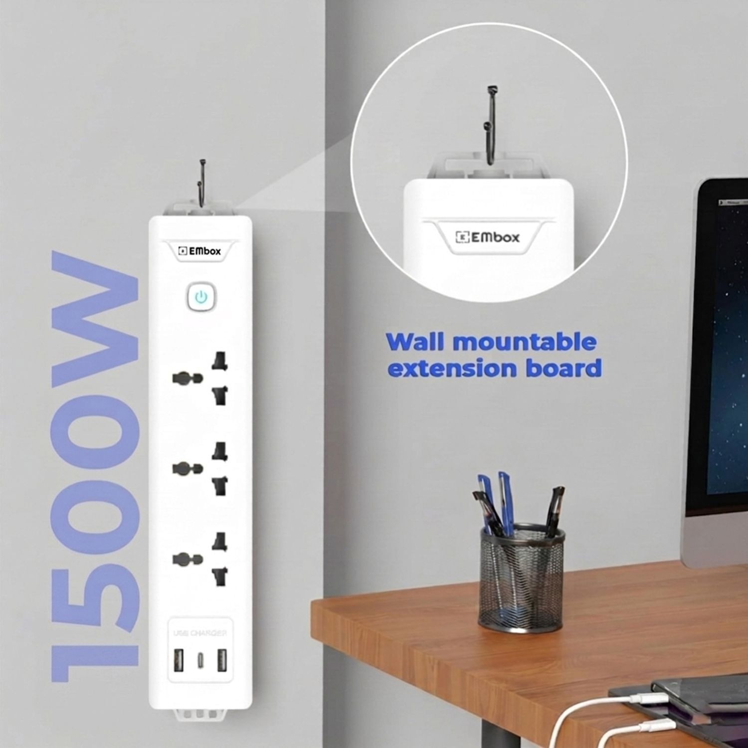 Image of EMBox Power Extension 5 Meter Cord Multi Plug 1500W Heavy Duty With Type C USB 3 Socket Extension Boards (White, 5 m, With USB Port)