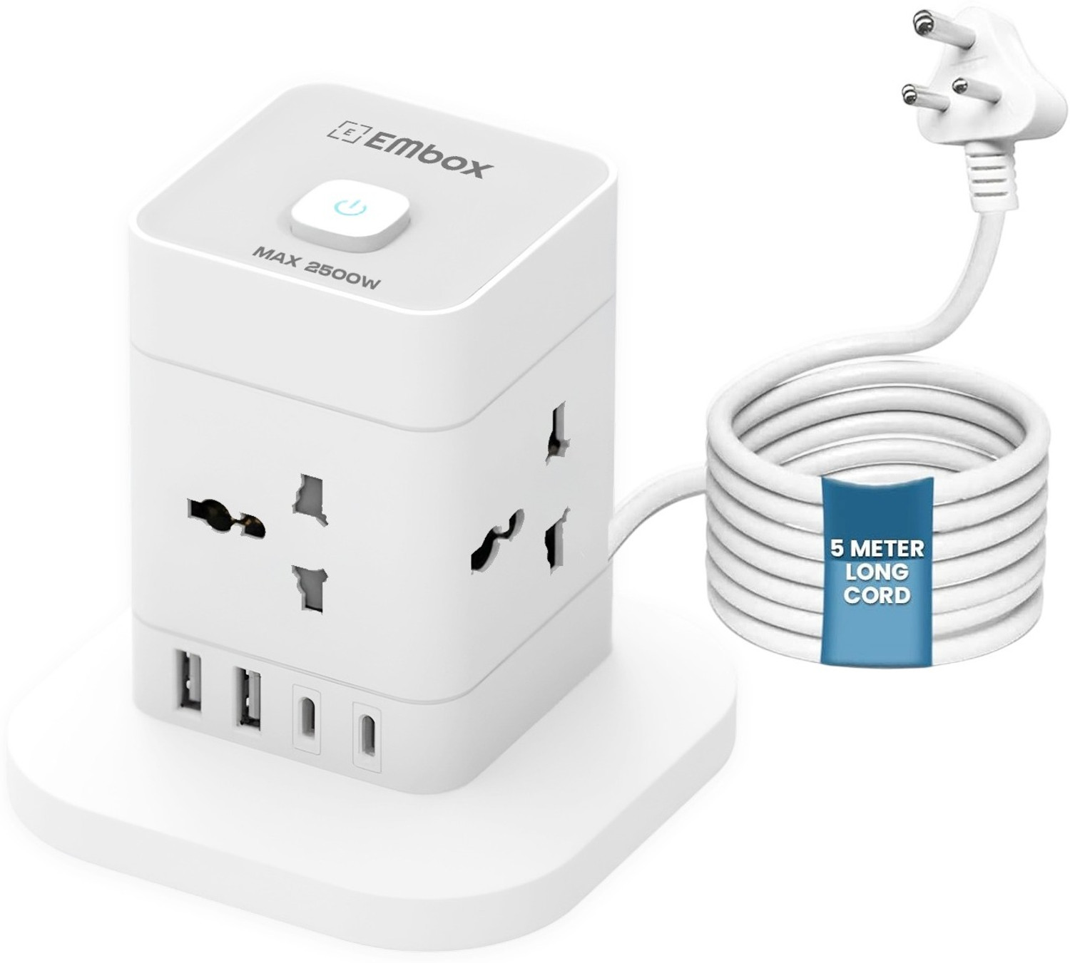 Image of EMBox Power Extension 5 Meter Cord Heavy Duty Spike Guard With Individual Switches 6 Socket Extension Boards (White, 5 m)