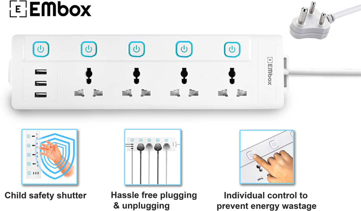 Image of EMBox 10A Extension Board With 5 Switch 4 Socket 3 USB 5 Meter Cable 4 Socket Extension Boards (White, 5 m, With USB Port)