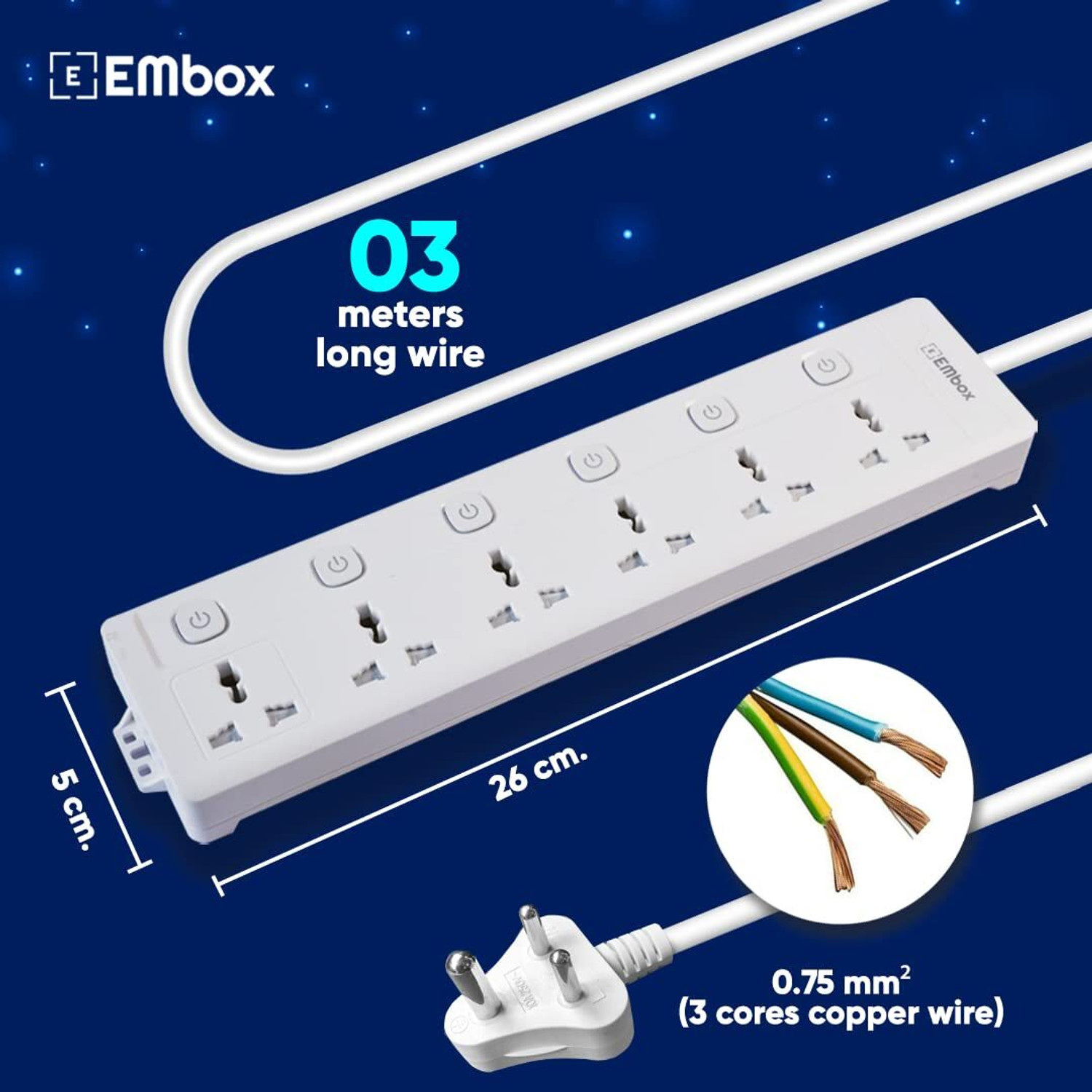 Image of EMBox Power Extension Cord Heavy Duty Spike Guard With Individual Switches 6 Socket Extension Boards (White, 3 m)