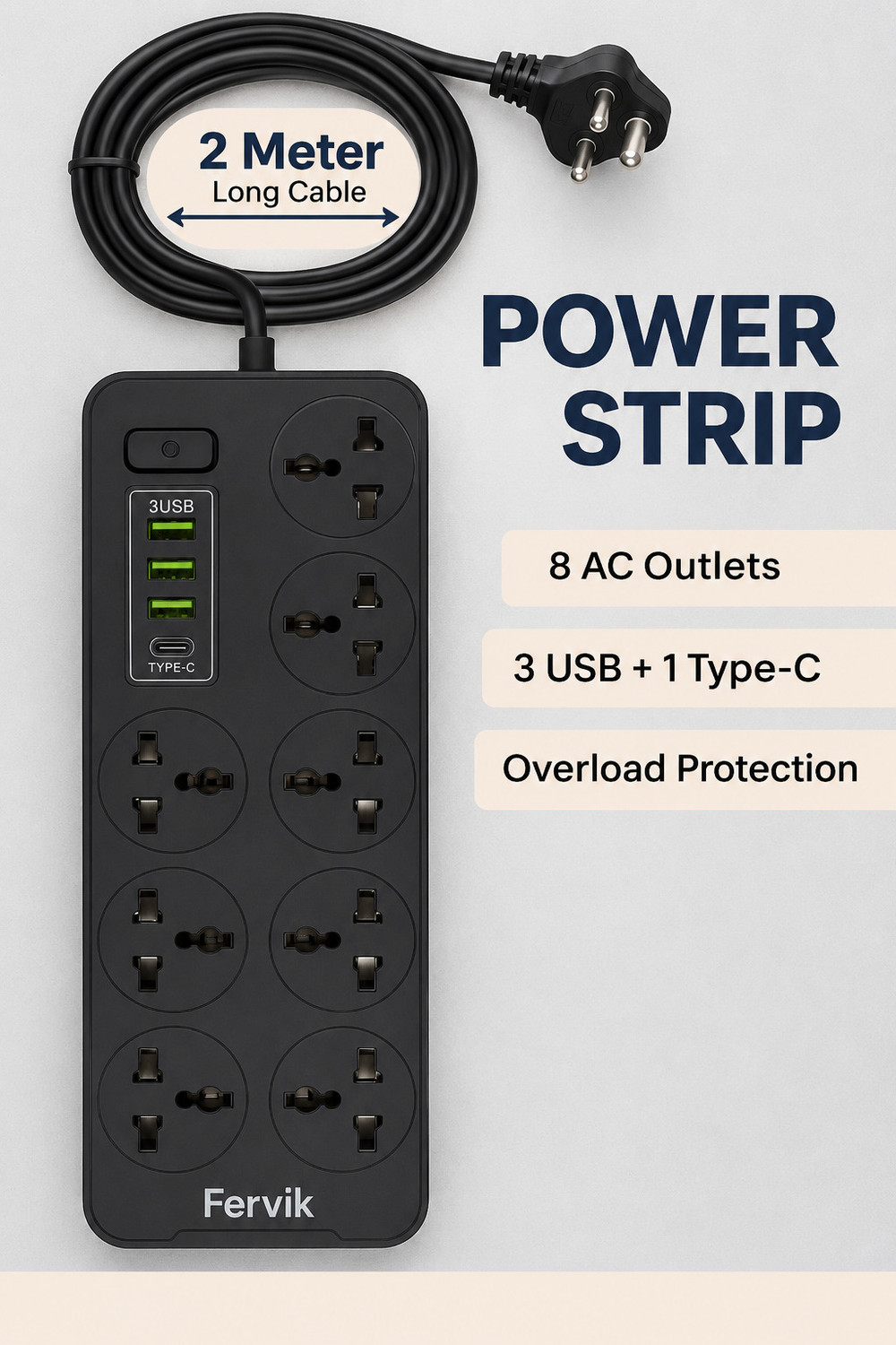 Image of EMBox Multi Plug Universal Socket 10 A with 1 Type C Port and 2 USB Ports (cordless) 4 Socket Extension Boards (Black, 0 m, With USB Port)