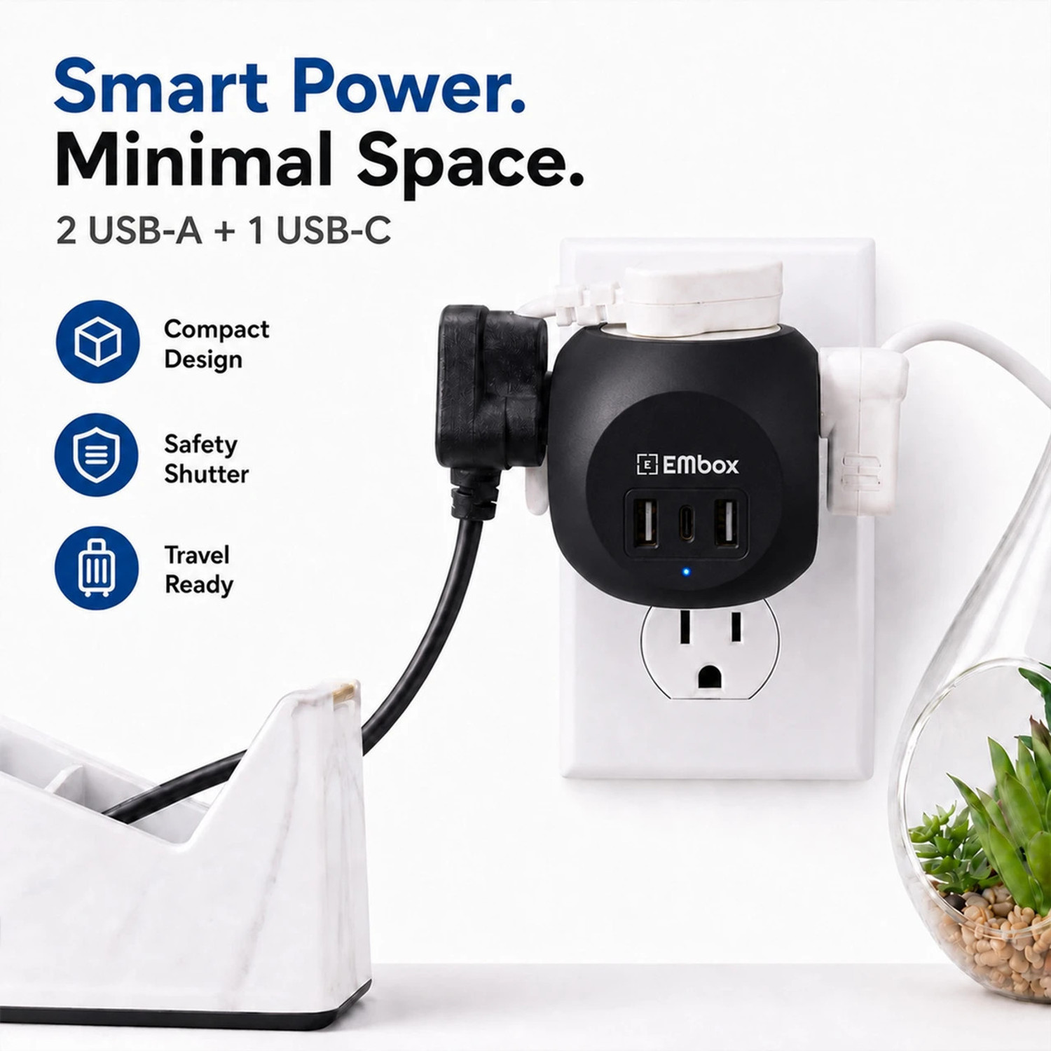Image of EMBox Multi Plug Universal Socket 10 A with 1 Type C Port and 2 USB Ports (cordless) 4 Socket Extension Boards (Black, 0 m, With USB Port)