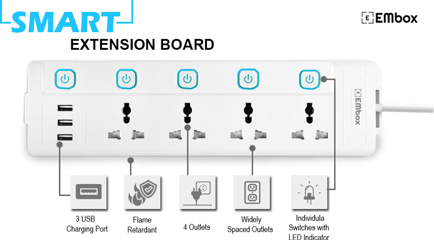 Image of EMBox 10A Extension Board With 5 Switch 4 Socket 3 USB 5 Meter Cable 4 Socket Extension Boards (White, 5 m, With USB Port)