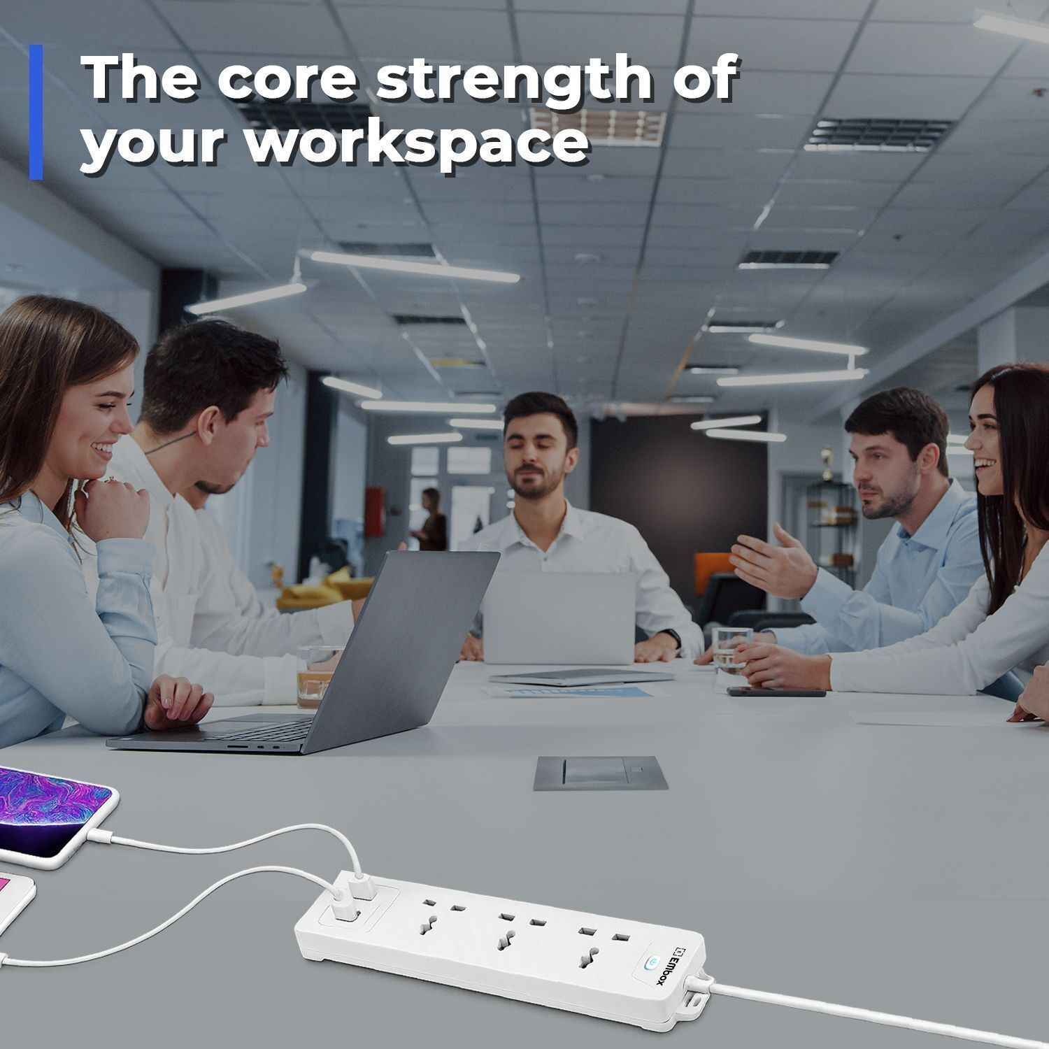 Image of EMBox Power Extension 5 Meter Cord Multi Plug 1500W Heavy Duty With Type C USB 3 Socket Extension Boards (White, 5 m, With USB Port)