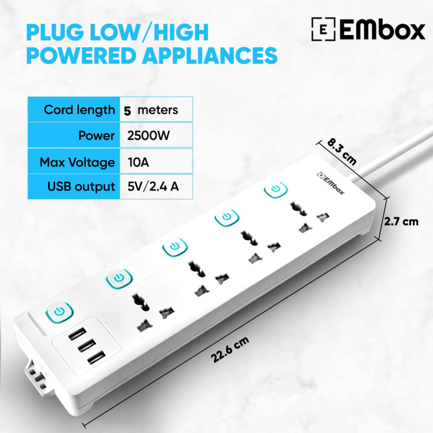Image of EMBox 10A Extension Board With 5 Switch 4 Socket 3 USB 5 Meter Cable 4 Socket Extension Boards (White, 5 m, With USB Port)