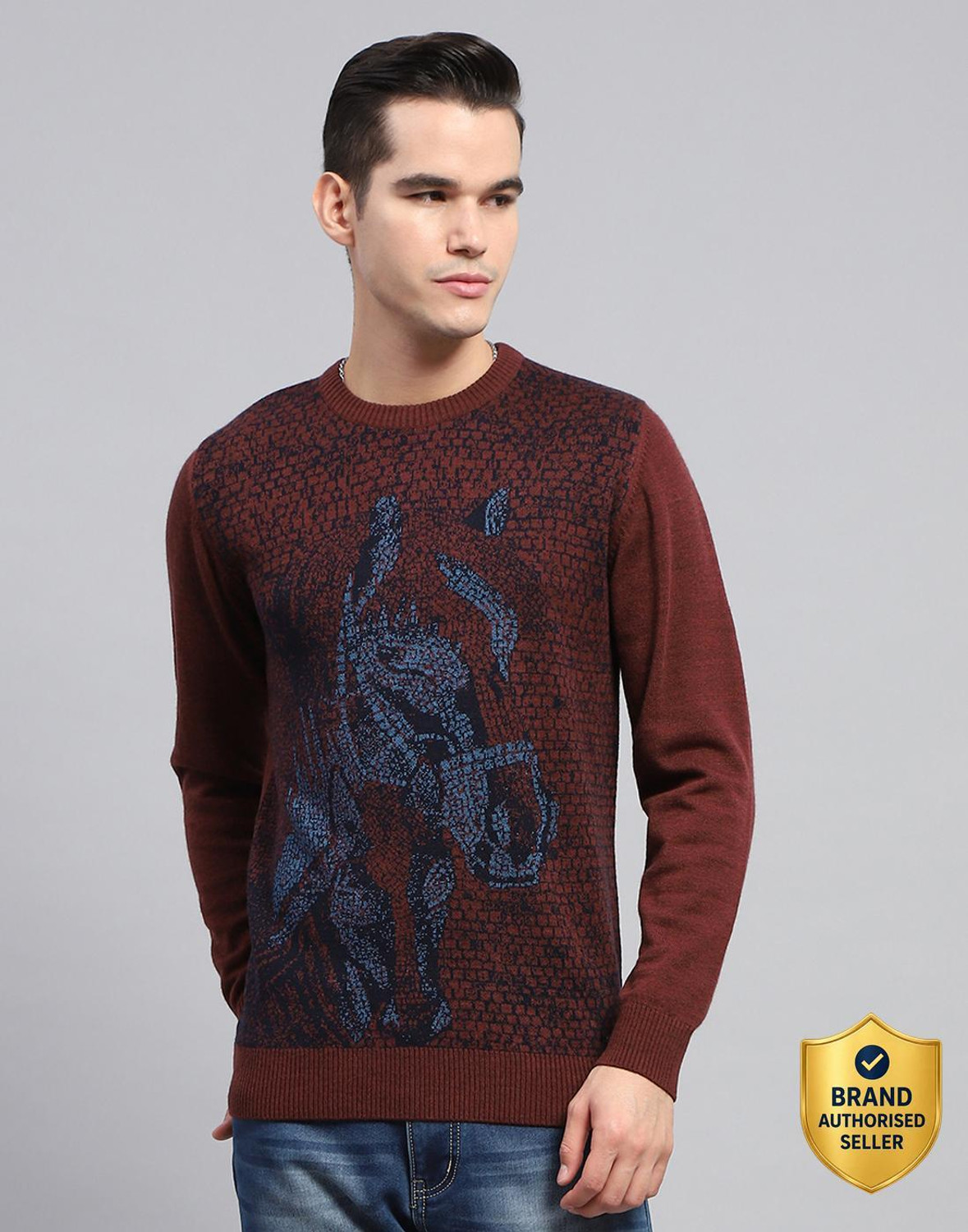 Image of MONTE CARLO Men Solid Round Neck Grey Sweater