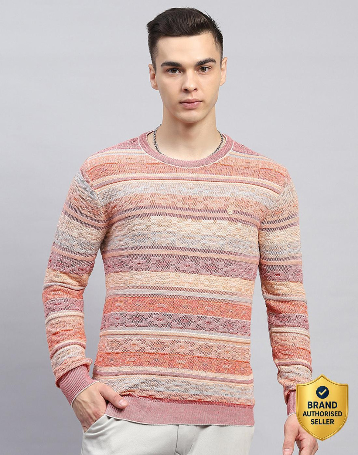 Image of MONTE CARLO Men Striped Round Neck Multicolor Sweater
