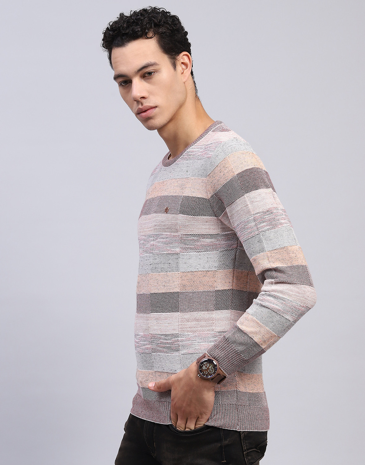 Image of MONTE CARLO Men Striped Round Neck Multicolor Sweater