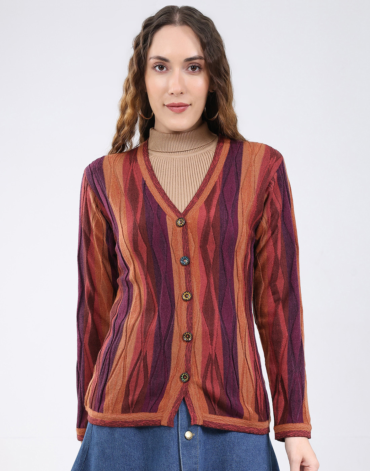 Image of MONTE CARLO Women Self Design V Neck Multicolor Sweater