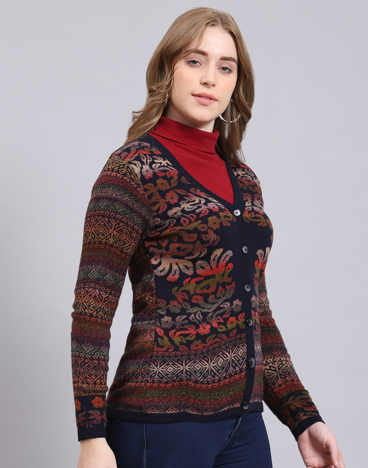 Image of MONTE CARLO Women Self Design V Neck Multicolor Sweater