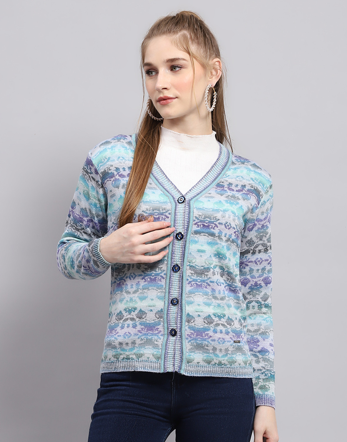 Image of MONTE CARLO Women Self Design V Neck Multicolor Sweater