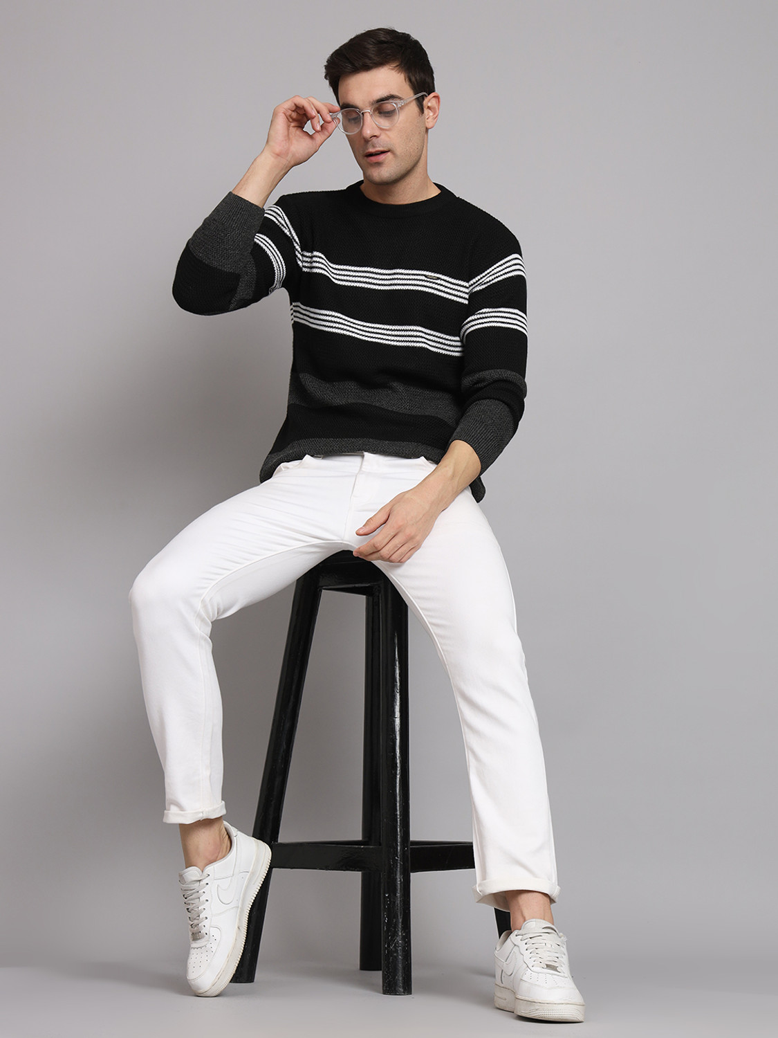 Image of eWools Men Striped, Colorblock Round Neck Black Sweater