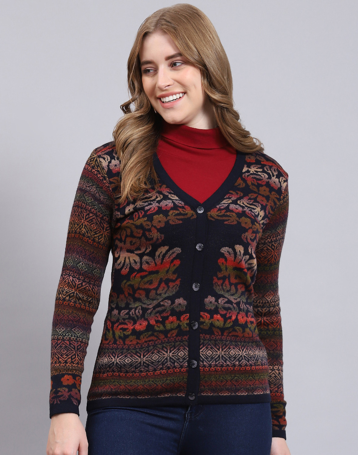 Image of MONTE CARLO Women Self Design V Neck Multicolor Sweater