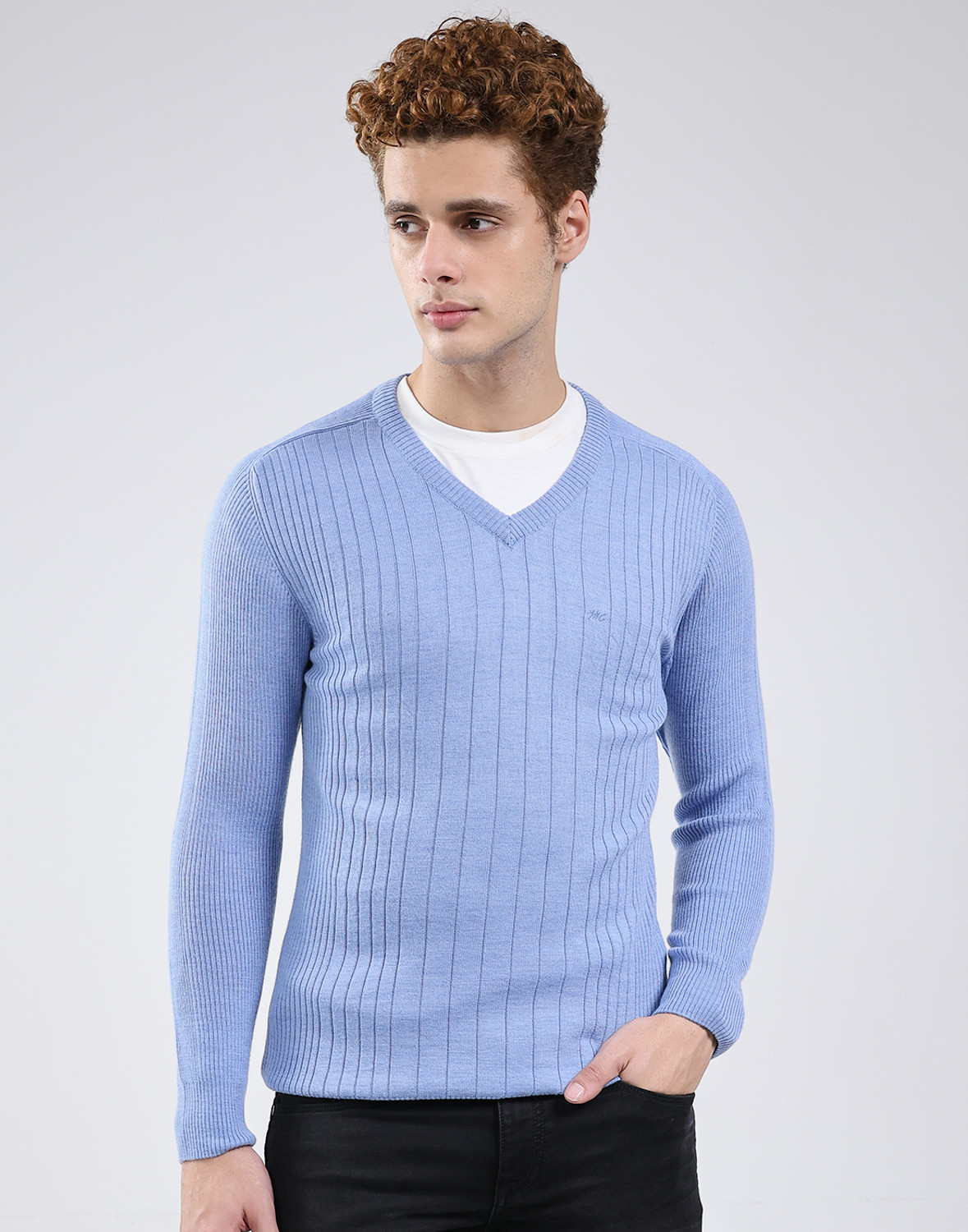 Image of MONTE CARLO Men Solid Round Neck Grey Sweater