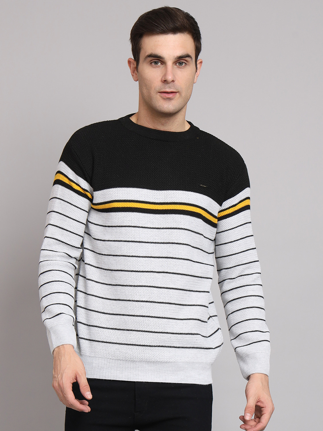 Image of eWools Men Striped, Colorblock Round Neck Black Sweater