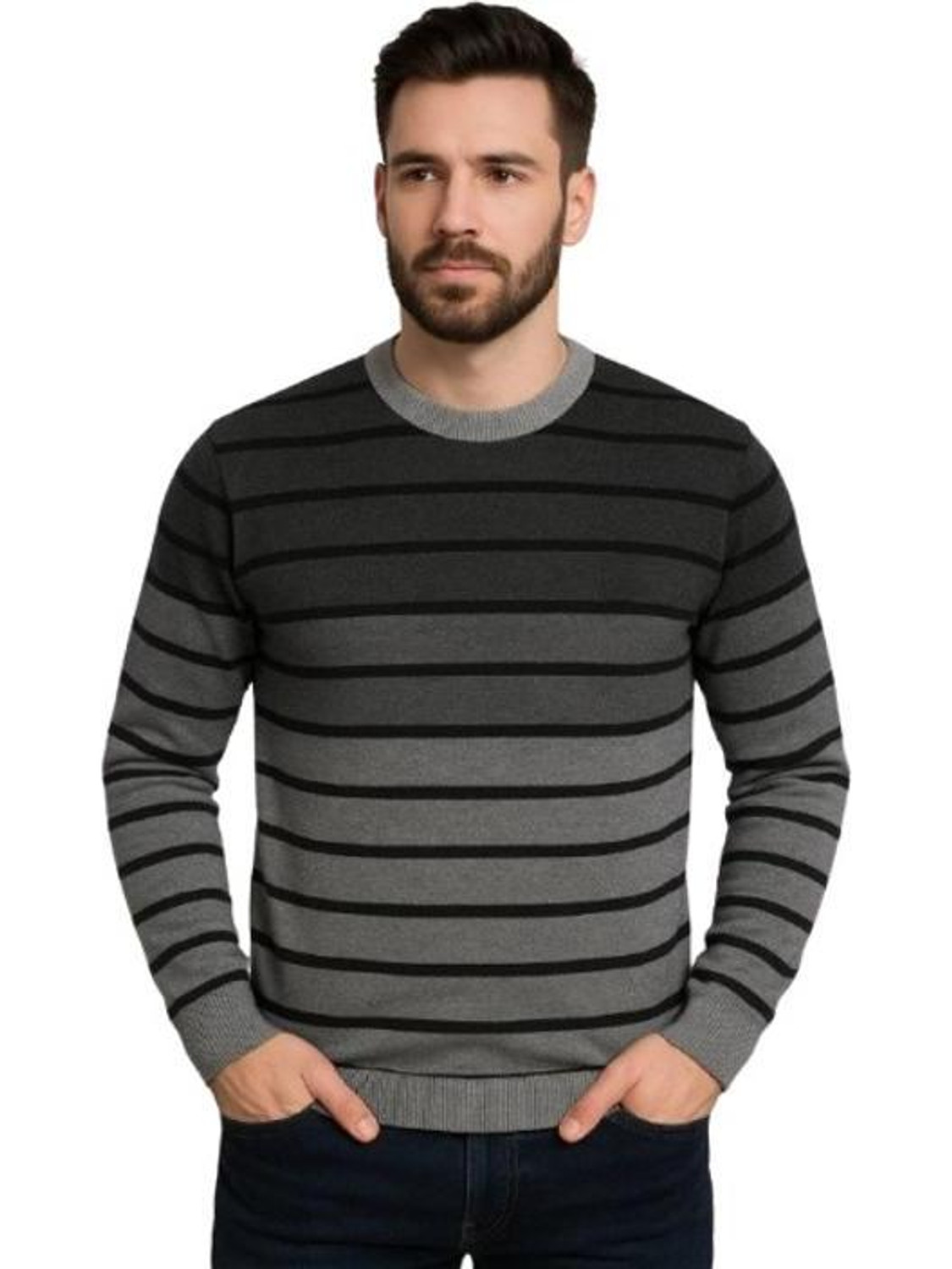 Image of eWools Men Striped, Colorblock Round Neck Black Sweater